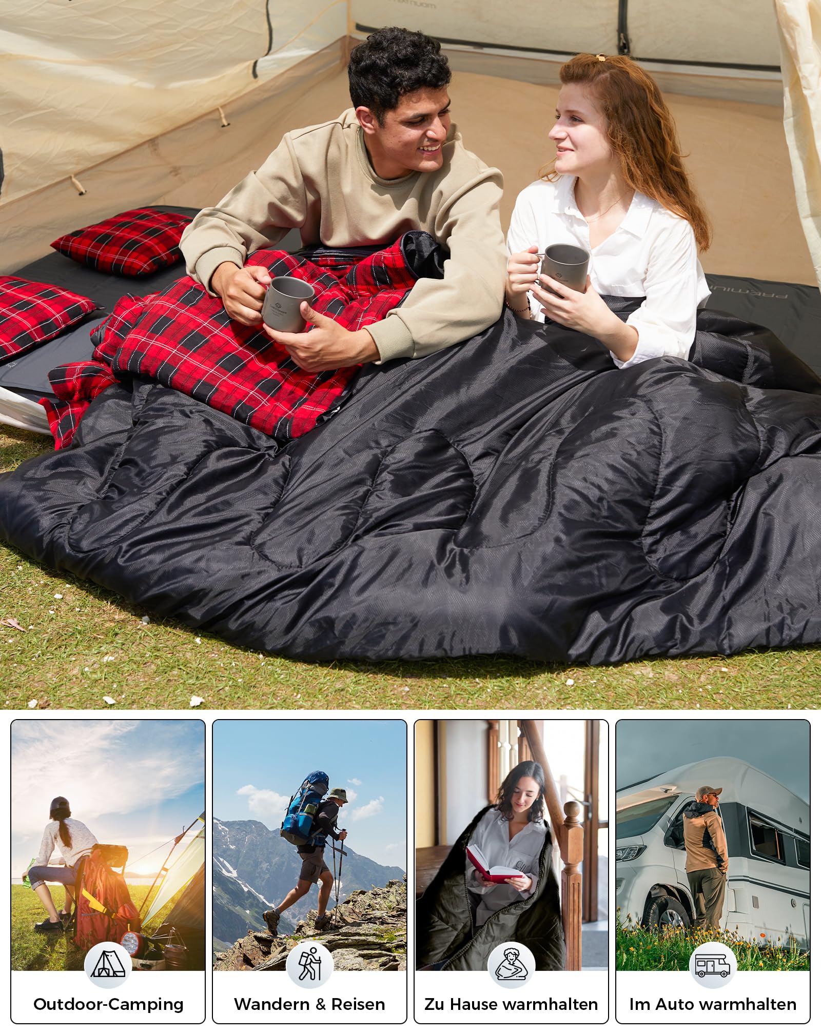 KingCamp Doppelschlafsack Baumwolle Flanell Winter Schlafsack 2 Personen Warmer Deckenschlafsack 3-4 Jahreszeiten mit 2 Flanell Kissen für Kinder & Erwachsenen Camping Reisen und Aktivitäten Outdoor