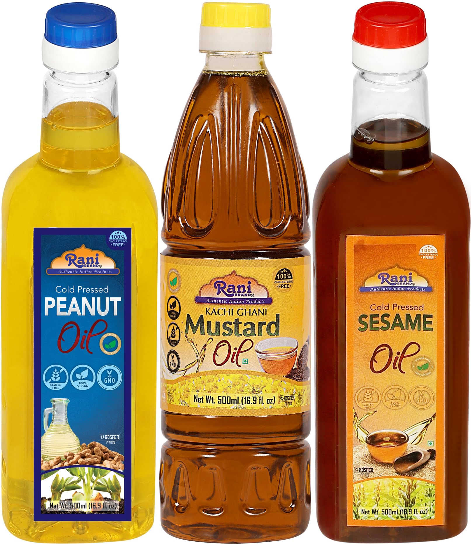 Rani Premium Oils Combo Set of 3 - Peanut Oil, Mustard Oil, Sesame Oil 16.9 Ounce (500ml) ~ Cold Pressed | 100% Natural | Kosher | NON-GMO | Vegan | Gluten Free