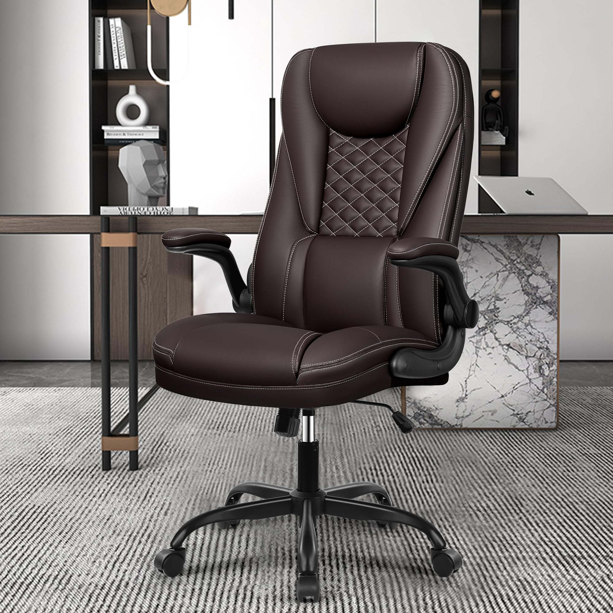 Sedia da ufficio, ergonomica, da scrivania, con funzione basculante, regolabile in altezza, con poggiatesta, braccioli, 150 kg, caffè