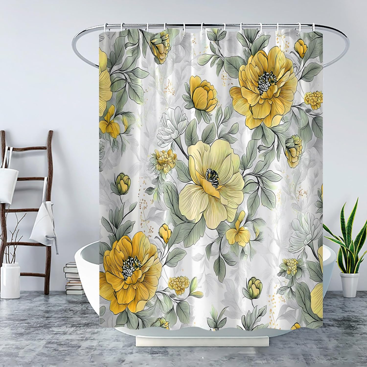 Floral Shower Curtain Yellow Grey Watercolor Floral Spring Flower Modern Aesthetic Flower Elegant Wildflower Vintage Rustic Farmhouse Fabric Bathroom Curtain Set with Hook