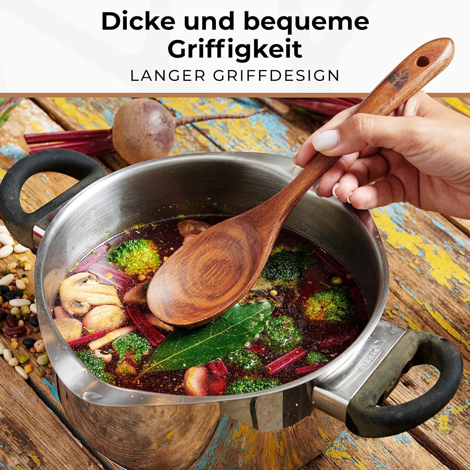 Kochlöffel Holz Set - Holzkochlöffel 10 Stück aus Teakholz - Holzlöffel, Pfannenwender Holz und weitere Kochbesteck Set - Natürlich & Perfekt für Antihaft. Leicht & Hitzebeständig Küchenutensilien