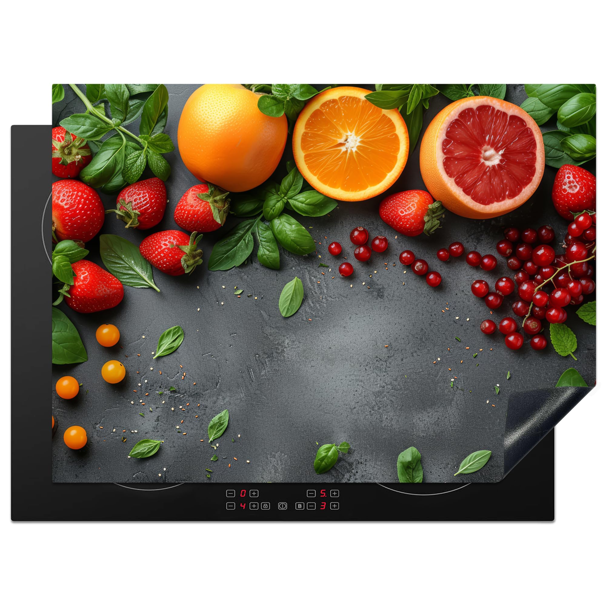 KitchenYeah© Herdabdeckplatte 71x52 cm Induktion Schutzmatte Küche Herdabdeckung Ceranfeld Induktionsmatte Cerankochfeld Abdeckung Obst - Beton - Orange - Erdbeere