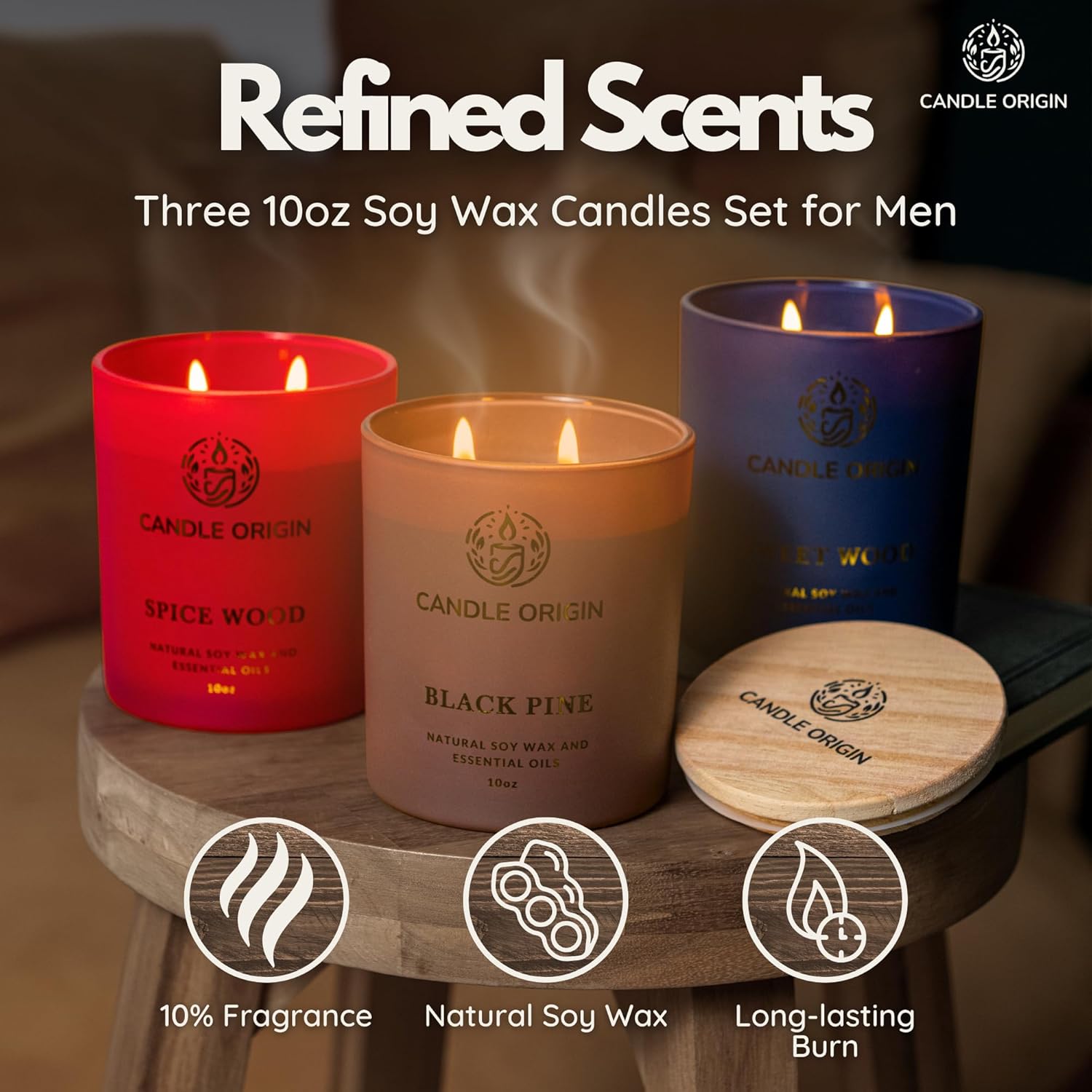 3×10 oz Scented Candles Premium Gift Set for Men - Aromatherapy Candles for Him - Natural Soy Wax - Clean Burning - Masculine Decor for Home, Office, Man Cave - Image 4