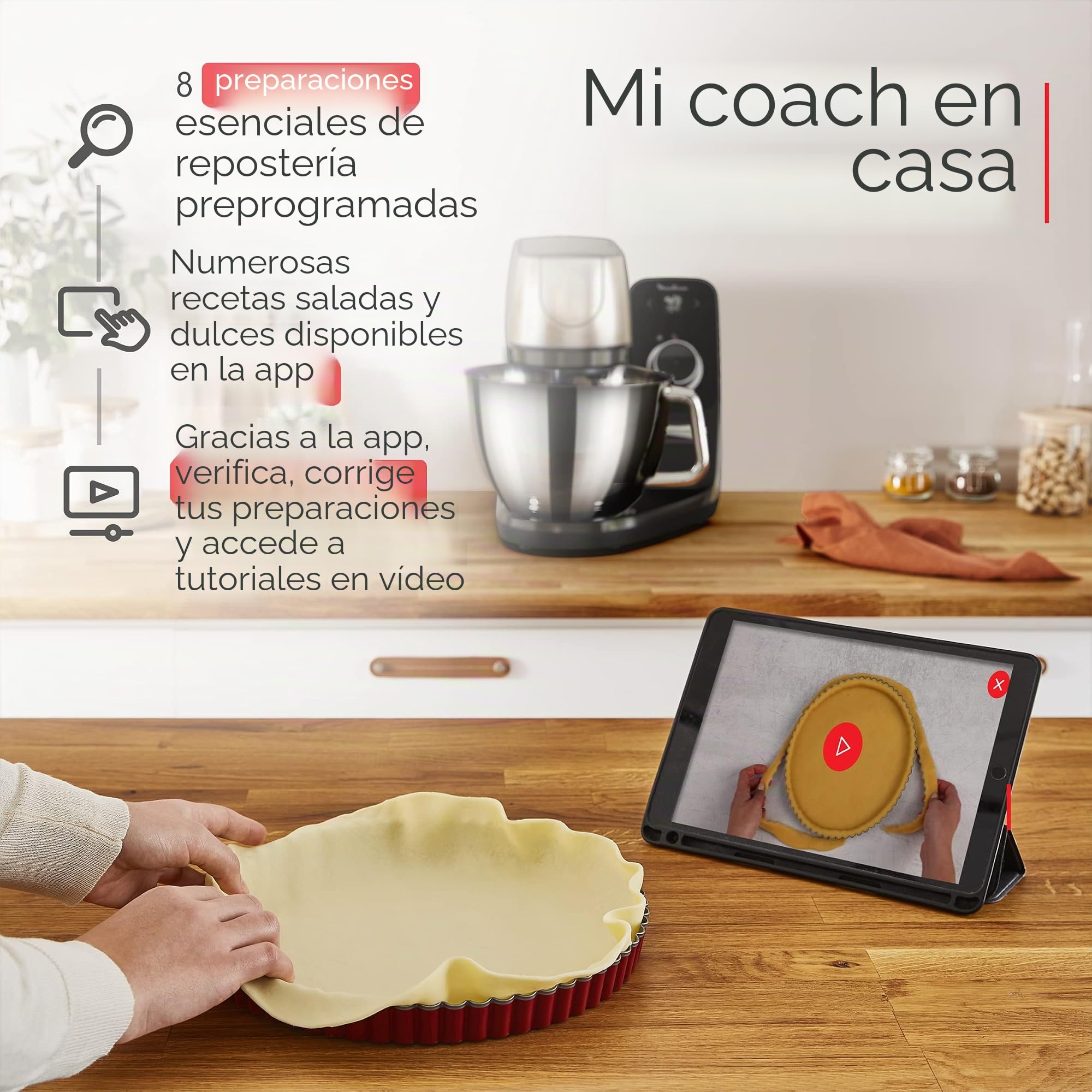 Moulinex Robot pastelero, Cuenco de acero inoxidable 5.5 L, 8 programas recetas básicas, Tecnología patentada, Silencioso, Robusto, Aplicación gratuita con coaching, Coach QA900810 | Amasadora inteligente con 8 programas automáticos - Robot de cocina y pa
