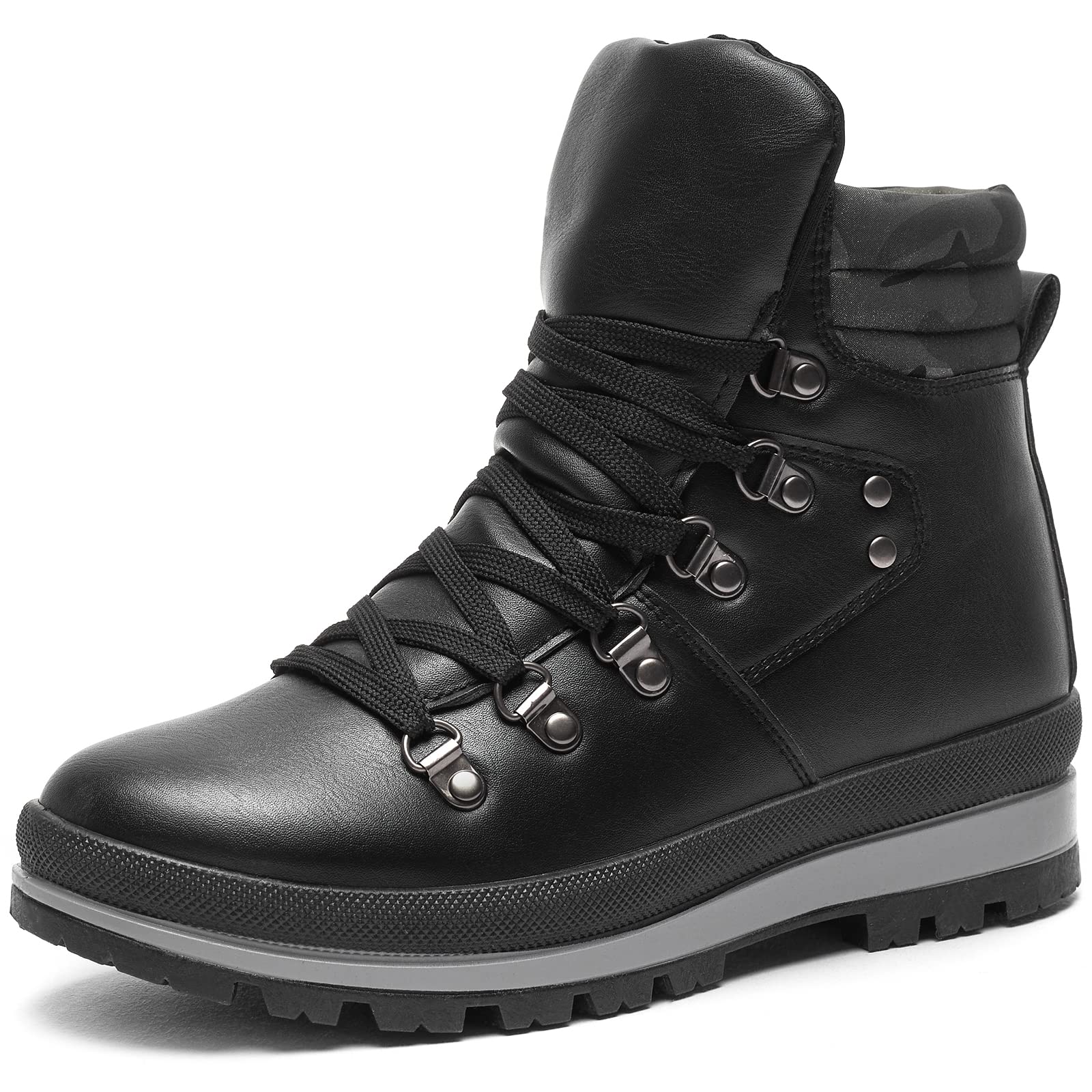 FRACORA Womens Combat Boots Leather Ankle Boot Lace Up Winter Snow Boots(Black,US8)