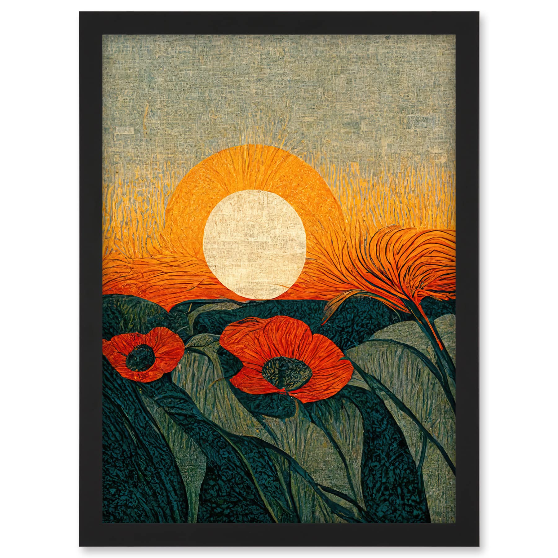 Doppelganger33 LTD Abstract Sunrise Over Poppy Meadow William Morris Style Artwork Framed A3 Wall Art Print