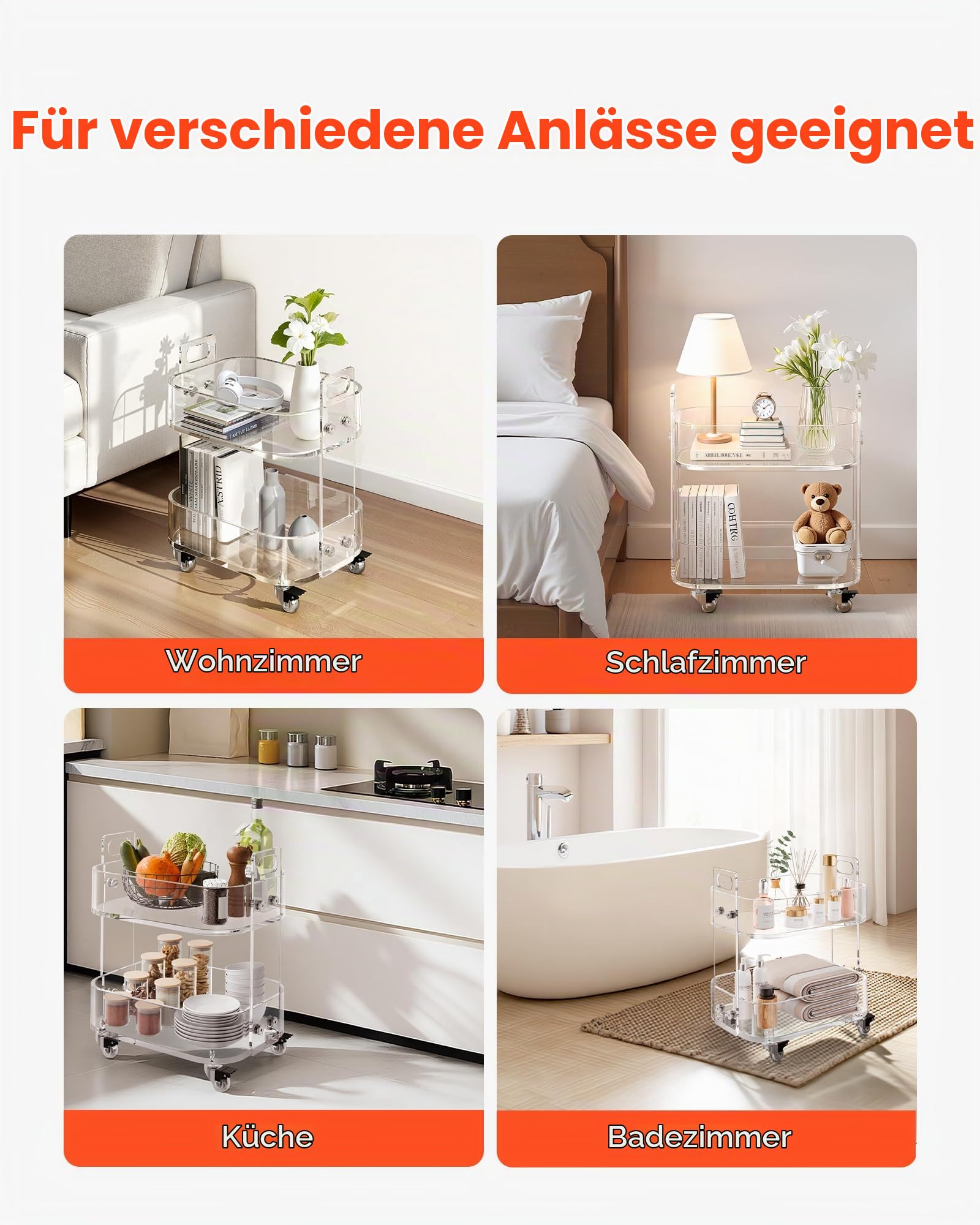 VEVOR Rollwagen Servierwagen 2-stufiger mobiler Beistellwagen, moderner rollender Acrylwagen mit Stauraum, transparenter Nachtwagen als Beistelltisch, für Wohnzimmer Schlafzimmer Bar Büro
