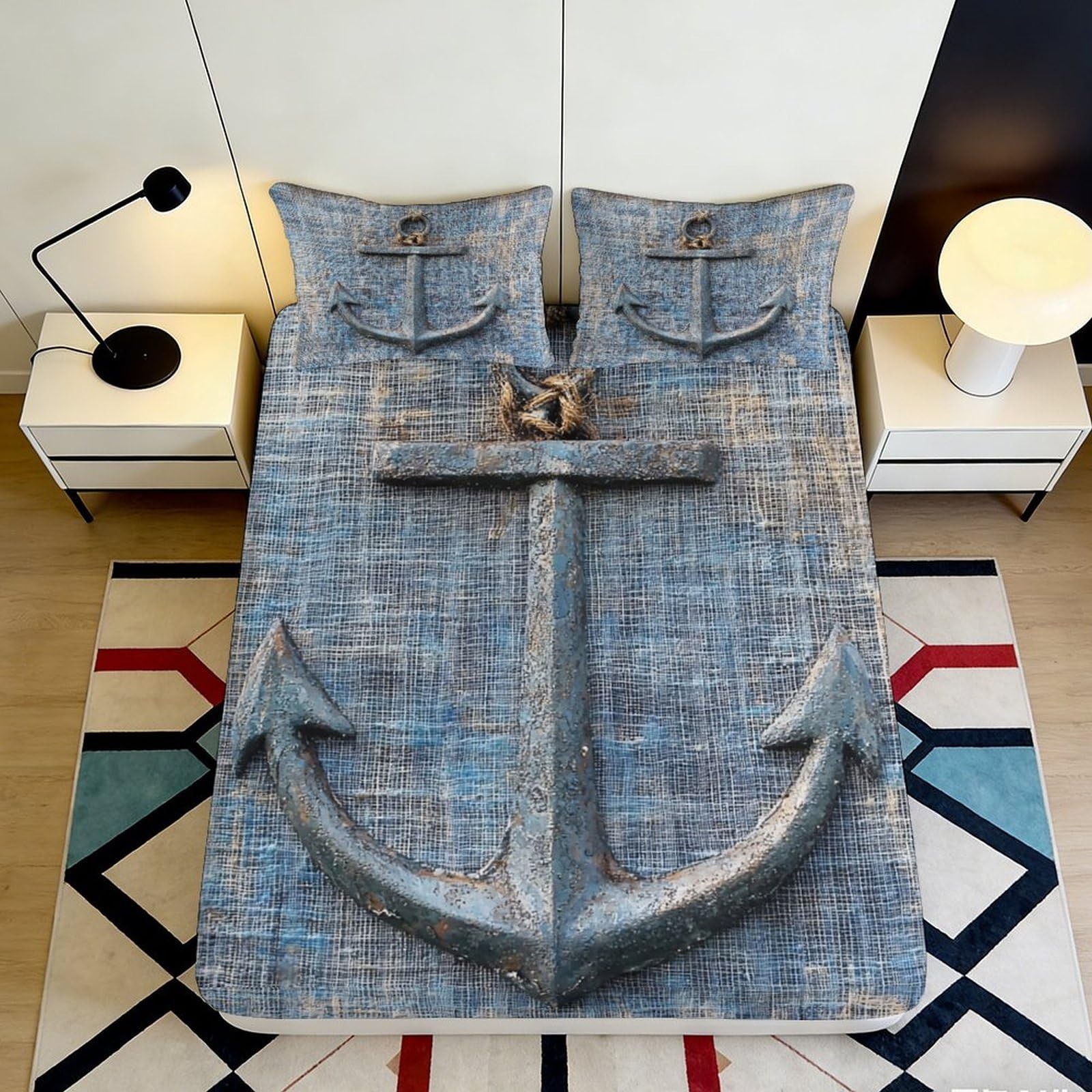 3D Printed Rustic Anchor Fitted Sheet Microfiber Soft Breathable Nautical Rope Mattress Cover for Bedroom Guestroom Decor 90x200x25cm