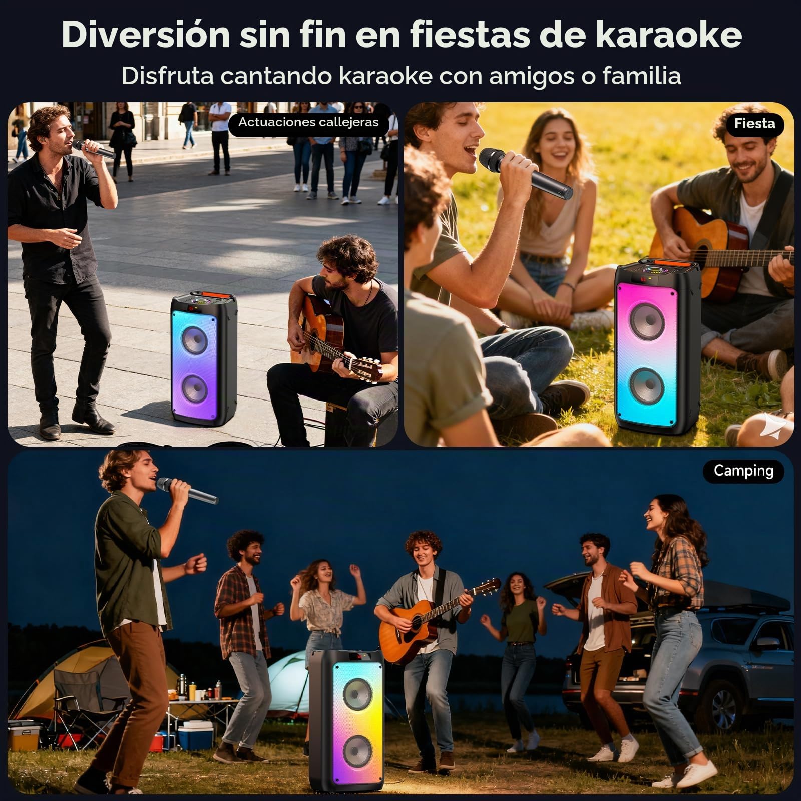HWWR Karaoke 2 Micrófonos Inalámbricos, Altavoz Karaoke Profesional Bluetooth 5.3, RGB Luces, IPX4 Impermeable, Karaoke Portátil con TF/USB/AUX/TWS para Fiestas, Adultos y Regalos