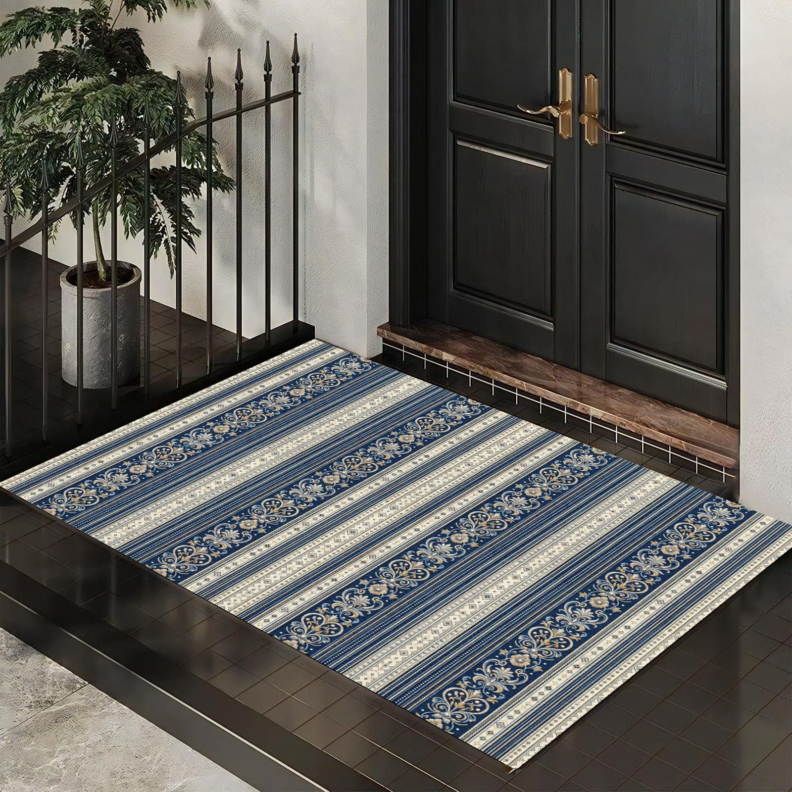 Zerbino Ingresso Interno Eleganti Righe Damascate, Zerbino Di Benvenuto Lavabile Morbida Geometrico Retrò, Antiscivolo Tappeto Da Decorazioni Beige Blu Per Casa Porta D'Ingresso, 90X150Cm