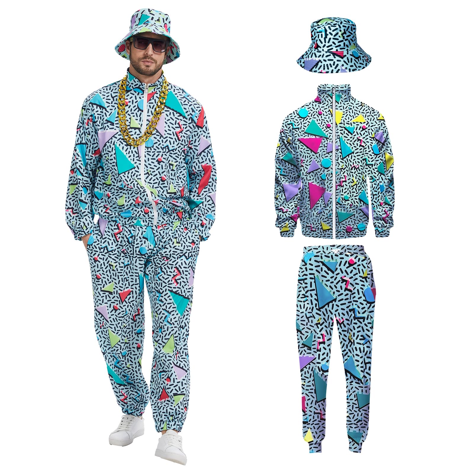 rumnigh 80s 90s Heren Retro Hip Hop Trainingspak, 80s Feestelijk Joggingpak Sportpak Inclusief Jassen, Broeken en Pet Geschikt voor Halloween Carnaval, Zwart, S