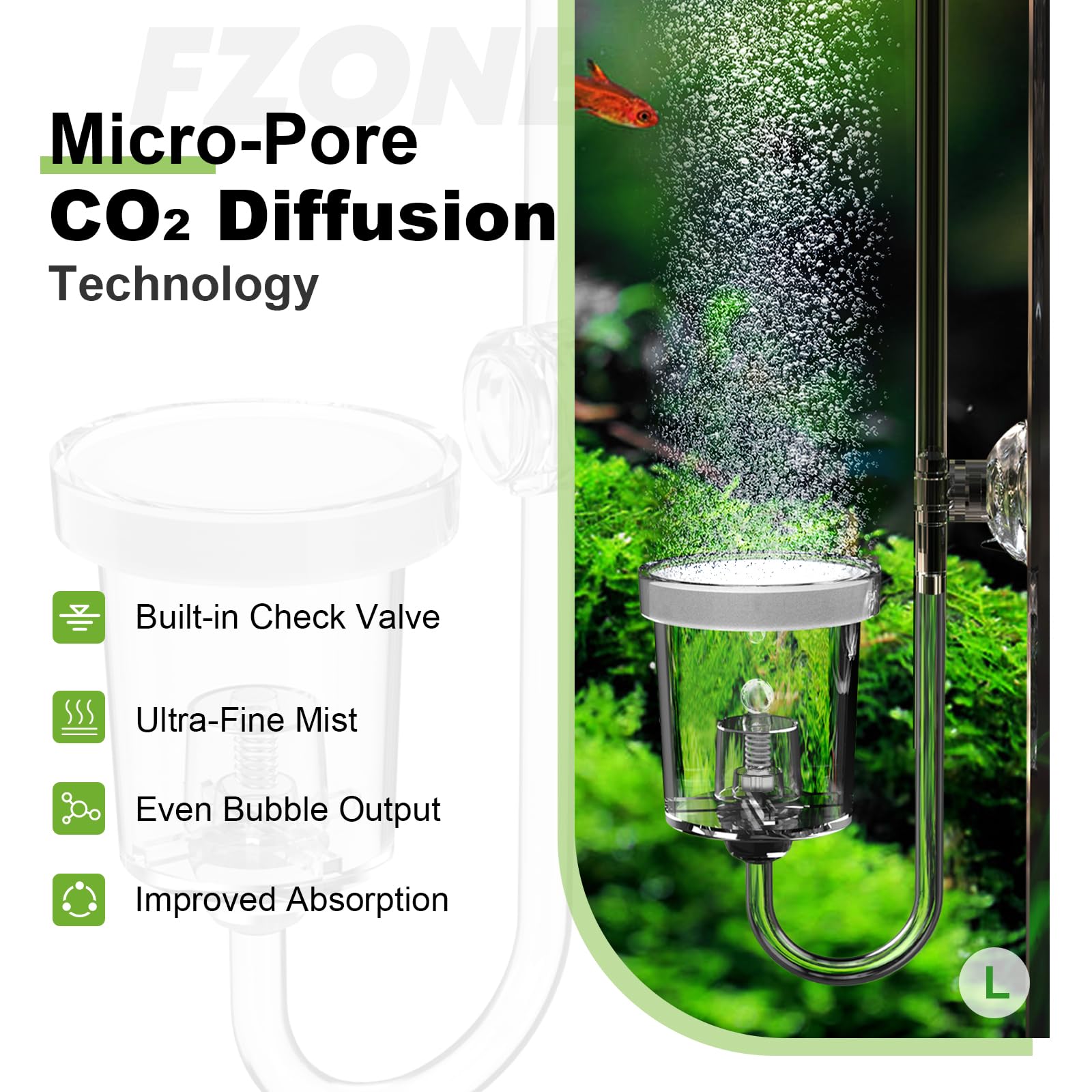 FZONE Acrylic Aquarium CO₂ Diffuser with Built-in Check Valve & Bubble Counter, Syringe & Suction Cup – Fine Bubble CO₂ Delivery for Planted Tanks (M-25mm) - 4