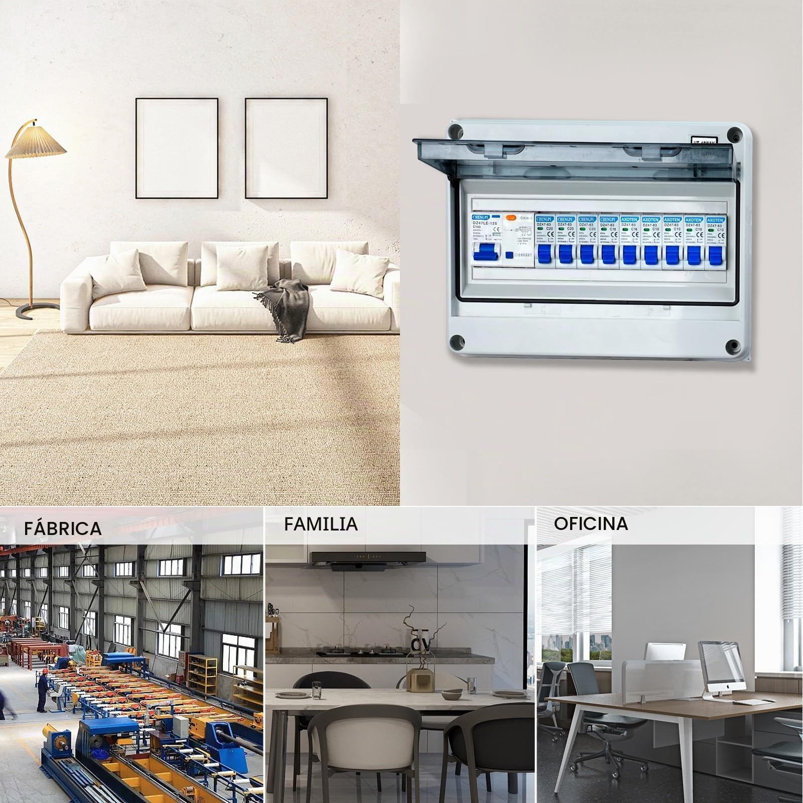 Caja de fusibles, IP65, distribuidor pequeño distribuidor, caja de distribución para casa/oficina/centro comercial, disyuntor de 100 A, interruptor de aire, 4 x 10 A+3 x 16 A+2 x 20 A/12