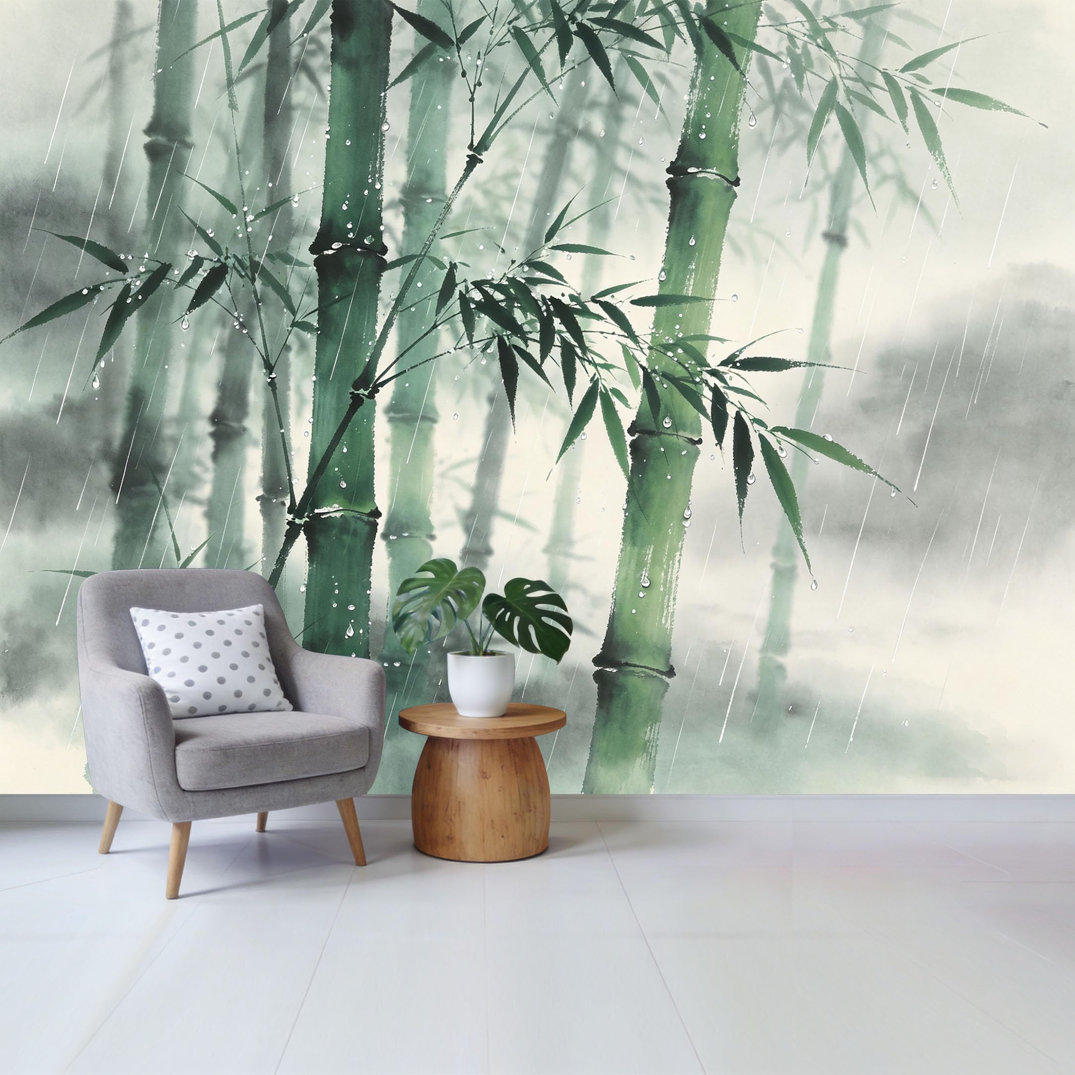 Qzlithotic Yq2605250016 Custom Size Wall Mural Misty Rain Bamboo Forest Botanical Ink Wash Painting Selfadhesive Wall Fabric Removable Wallpaper For Home Office Decor