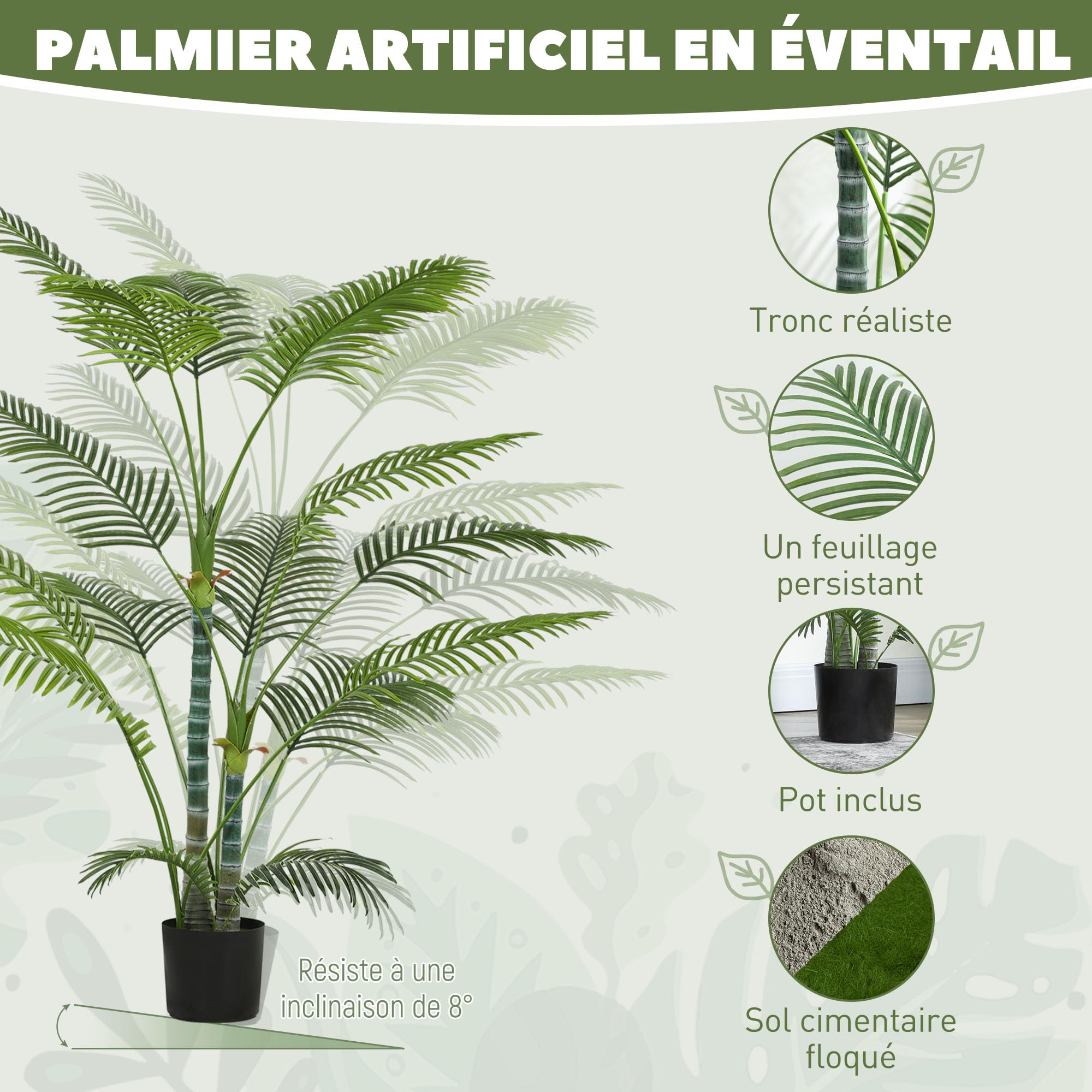 HOMCOM Plante Artificielle Intérieure 170 cm Palmier Pot Plastique Vert | avec Flocage, Arbre Artificiel 16 Feuilles en PEVA, Fausse Plante Décoration Maison Bureau Salon Chambre