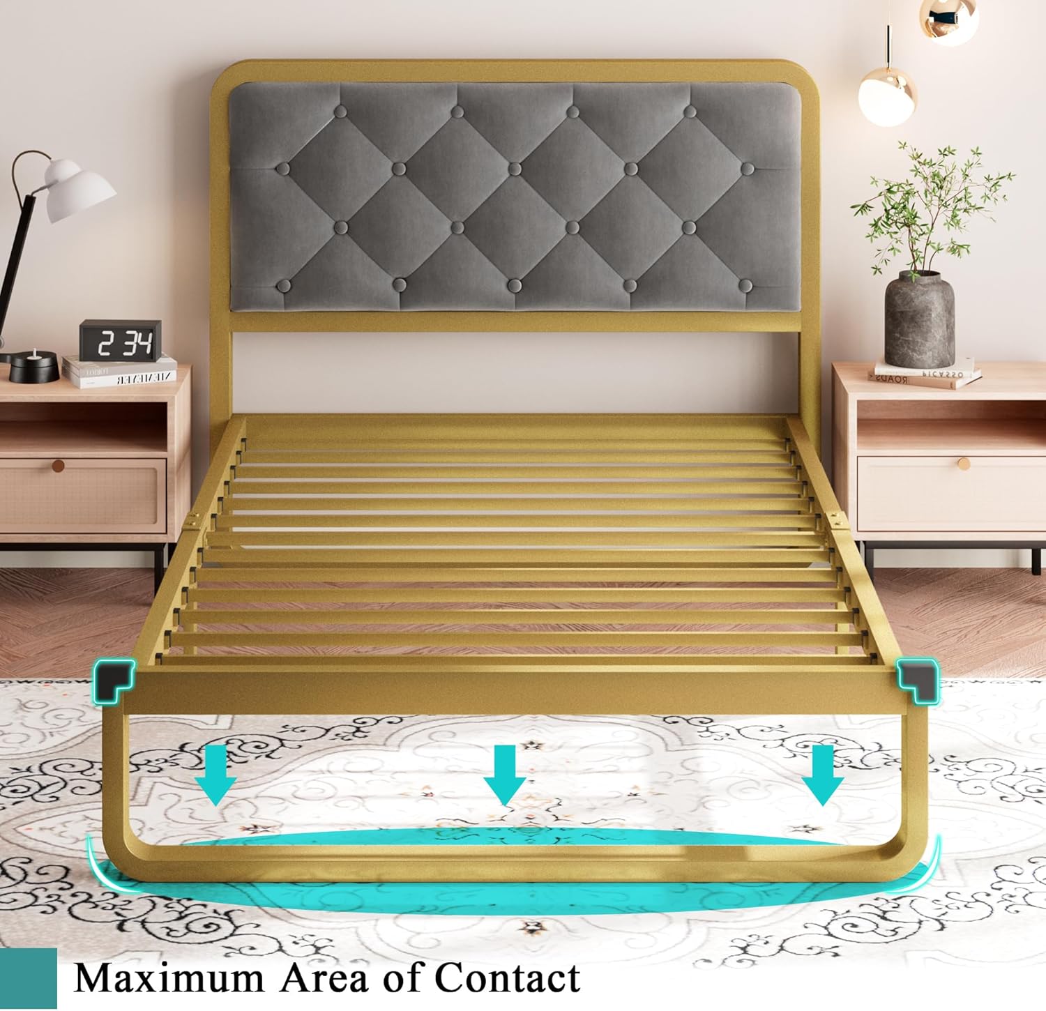 Illustration of the bed frame's maximum area of contact with the floor for stability