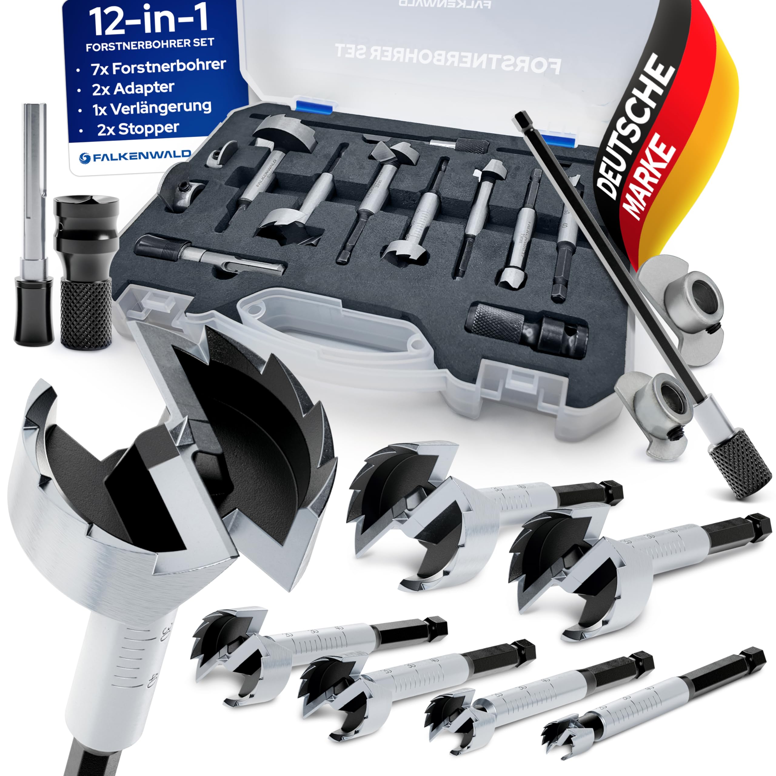 FALKENWALD® Forstnerbohrer Set 12-teilig (Ø 10-40 mm) mit Werkzeugkoffer & Adapter + Erweiterung - Hochpräzise Holzbohrer Topfbohrer - Premium Forstner Bohrersatz für Hart- & Weichholz