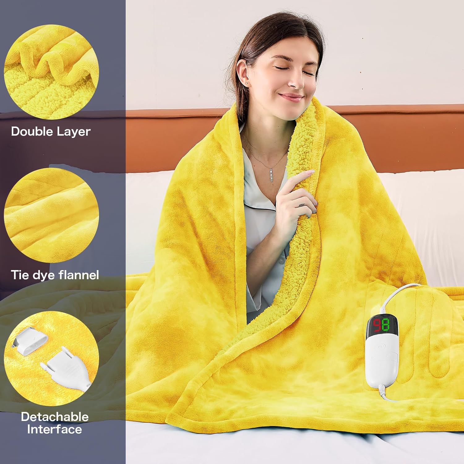greenoak Heated Electric Blanket Throw, Faux Fur Sherpa Heating Blanket for Sofa Bed, Warm Winter Gifts for Women/Adults, Heater Lap Blankets 5-Position Timer &10 Heating Levels 50''*60" Lemon