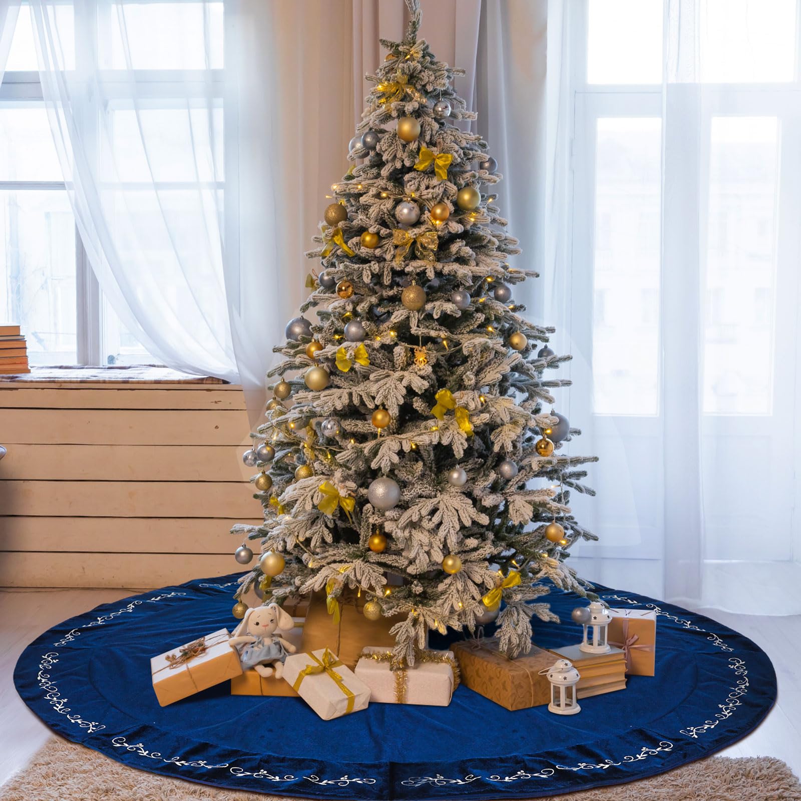 HyDren 72 Inch Velvet Christmas Blue Tree Skirt (Classical Style)