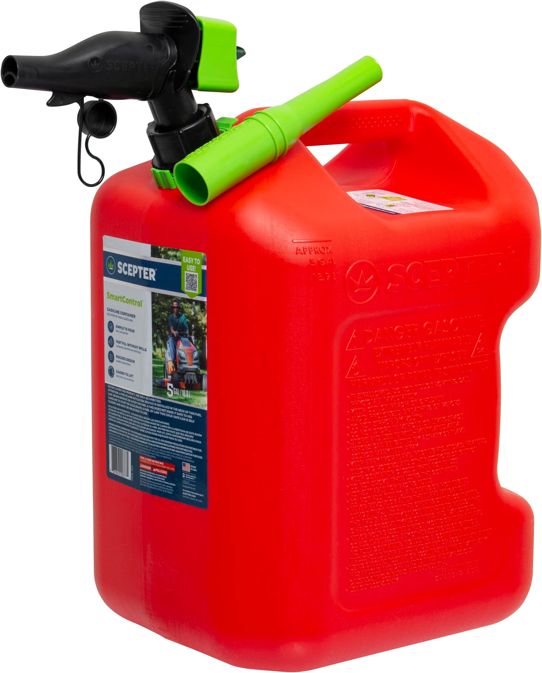 Scepter FSCG552 Fuel Container with Spill Proof SmartControl Spout with Bonus Spout Extender, Rear Handle Red Gas Can, 5 Gallon