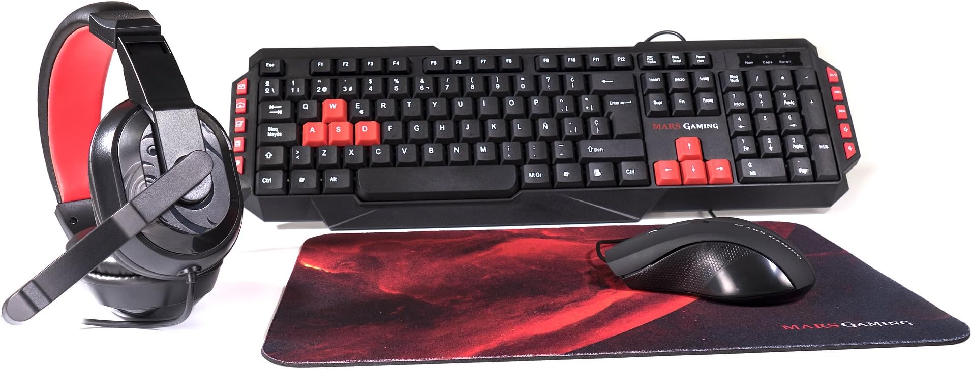 Mars Gaming MRCP1, Gaming Combo Antighosting Keyboard, Mouse 2800DPI, Headset & Mousepad, Spanish Language