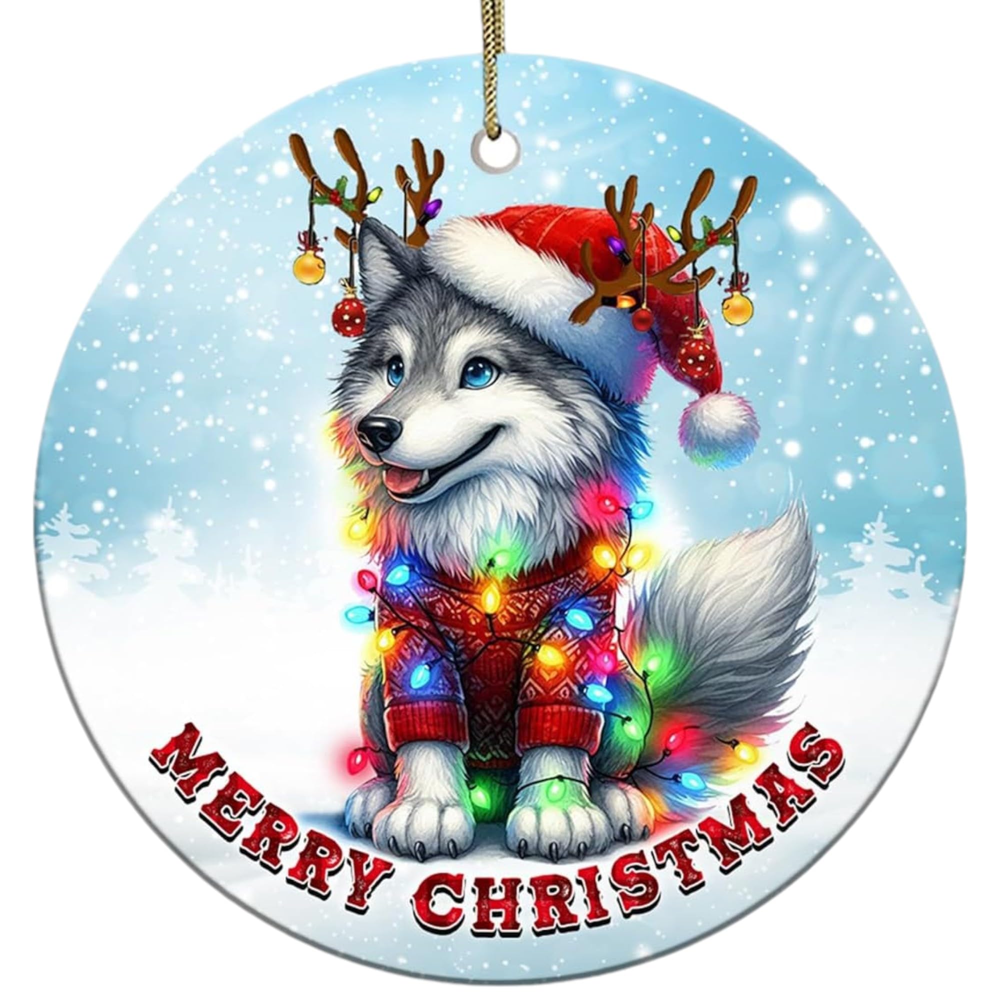 Decorlion 2024 Wolf Merry Christmas Animal Funny Ceramic Ornament, Tree Decoration, Hanging Ornament, for Animal Lovers
