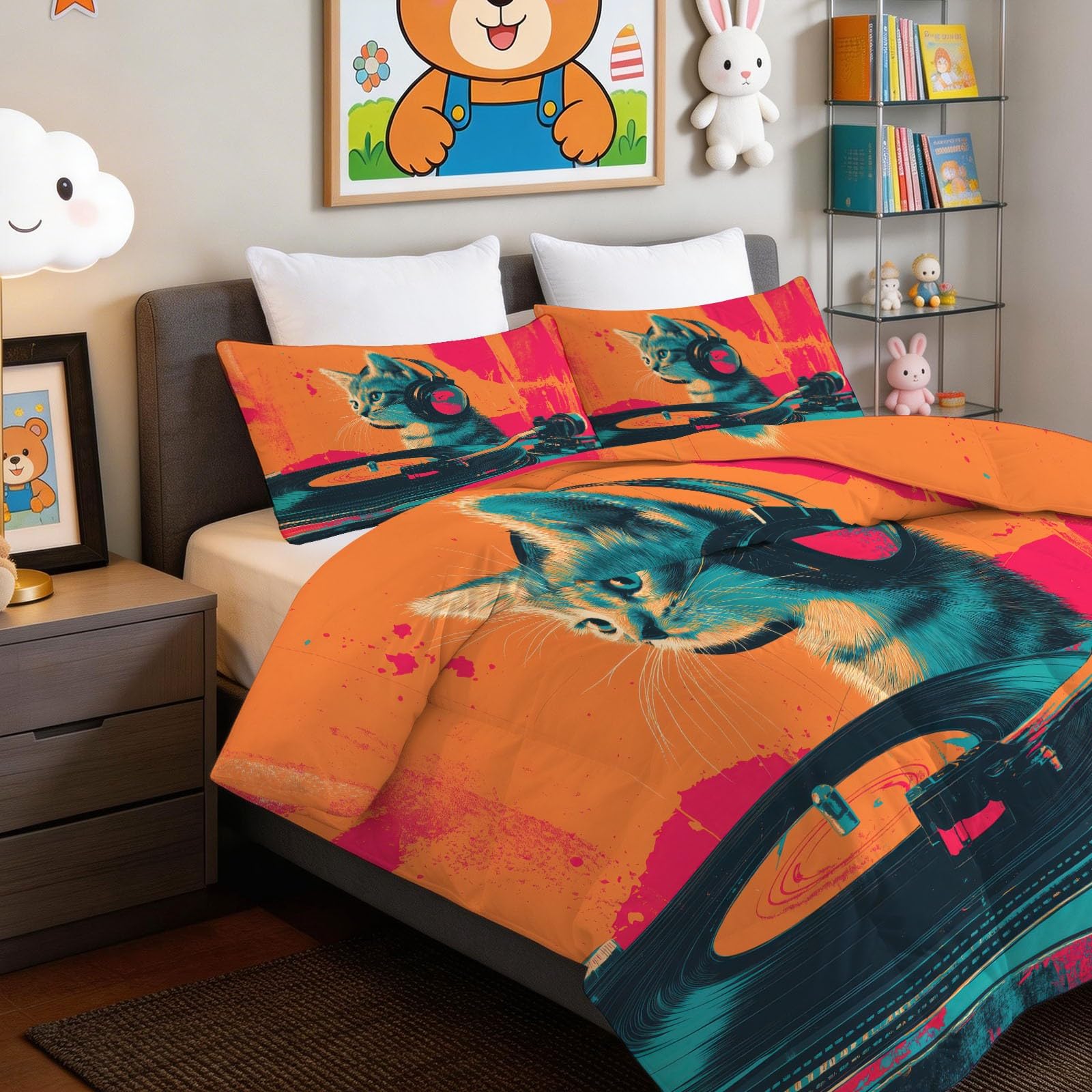 Generisch Edredón de 200 x 200 cm, diseño pop art reversible, suave y cómodo, con auriculares musicales, gato, sin funda, lavable, color naranja