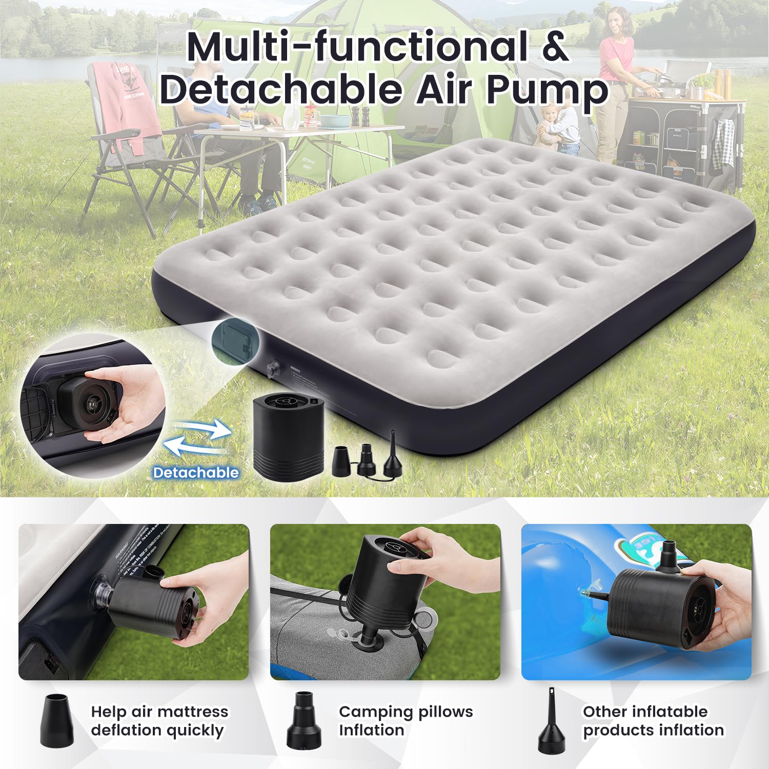 Colchón inflable Queen con bomba de batería integrada de 2500 mAh, 10 pulgadas de altura, colchón inflable rápido y fácil de inflar/desinflar para camping, hogar, maletero, cama, cojín de viaje, cama