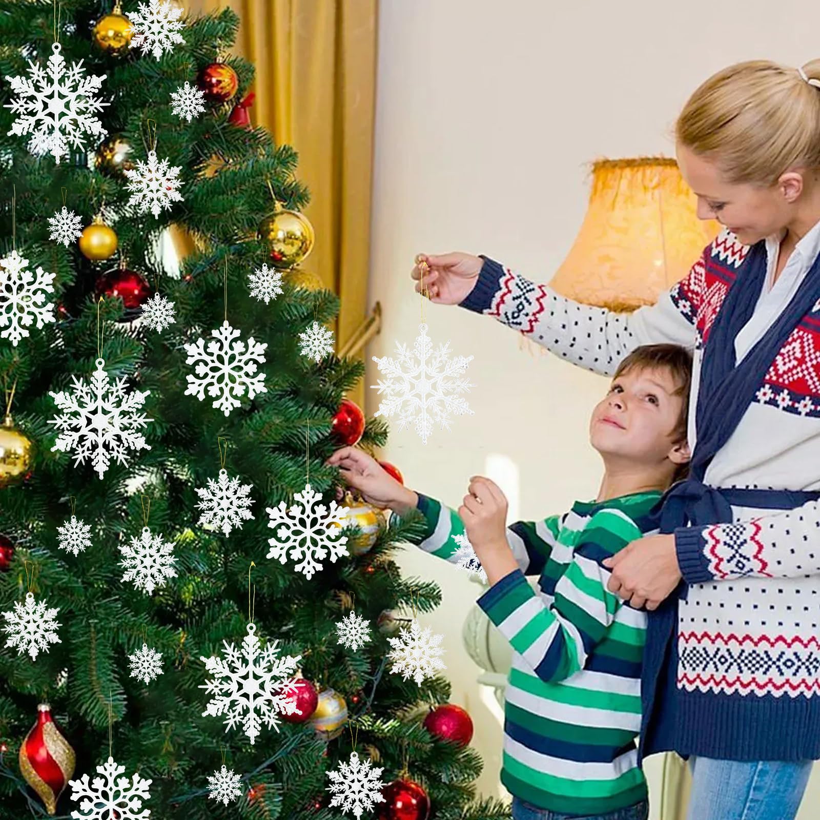 MSQ Lot de 36 Flocons de Neige à Paillettes avec String pour Sapin de Noël | Décoration suspendue - Flocon de neige pour maison, mariage, vacances, fête