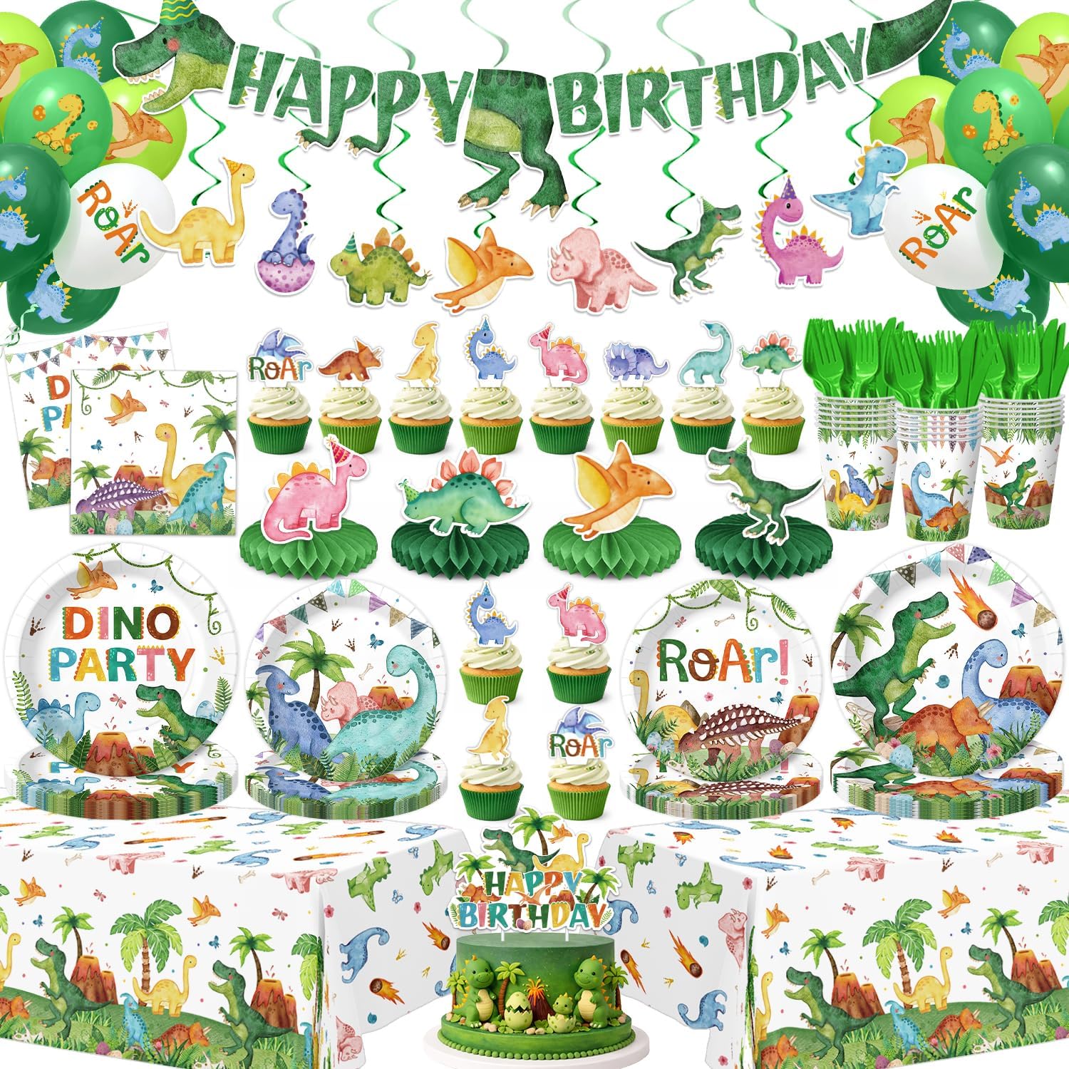 210 Pcs Dinosaur Birthday Party Decorations Serves 24 ，Dino Roar Party Supplies with Banner Hanging Plates Napkins Cups Forks Knives Tablecloth Topper Balloons for Boy Party