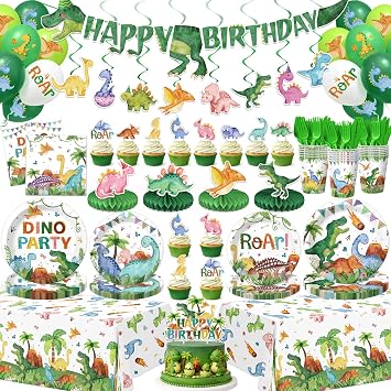 210 Pcs Dinosaur Birthday Party Decorations Serves 24 ,Dino Roar Party Supplies with Banner Hanging Plates Napkins Cups Forks Knives Tablecloth Topper Balloons for Boy Party