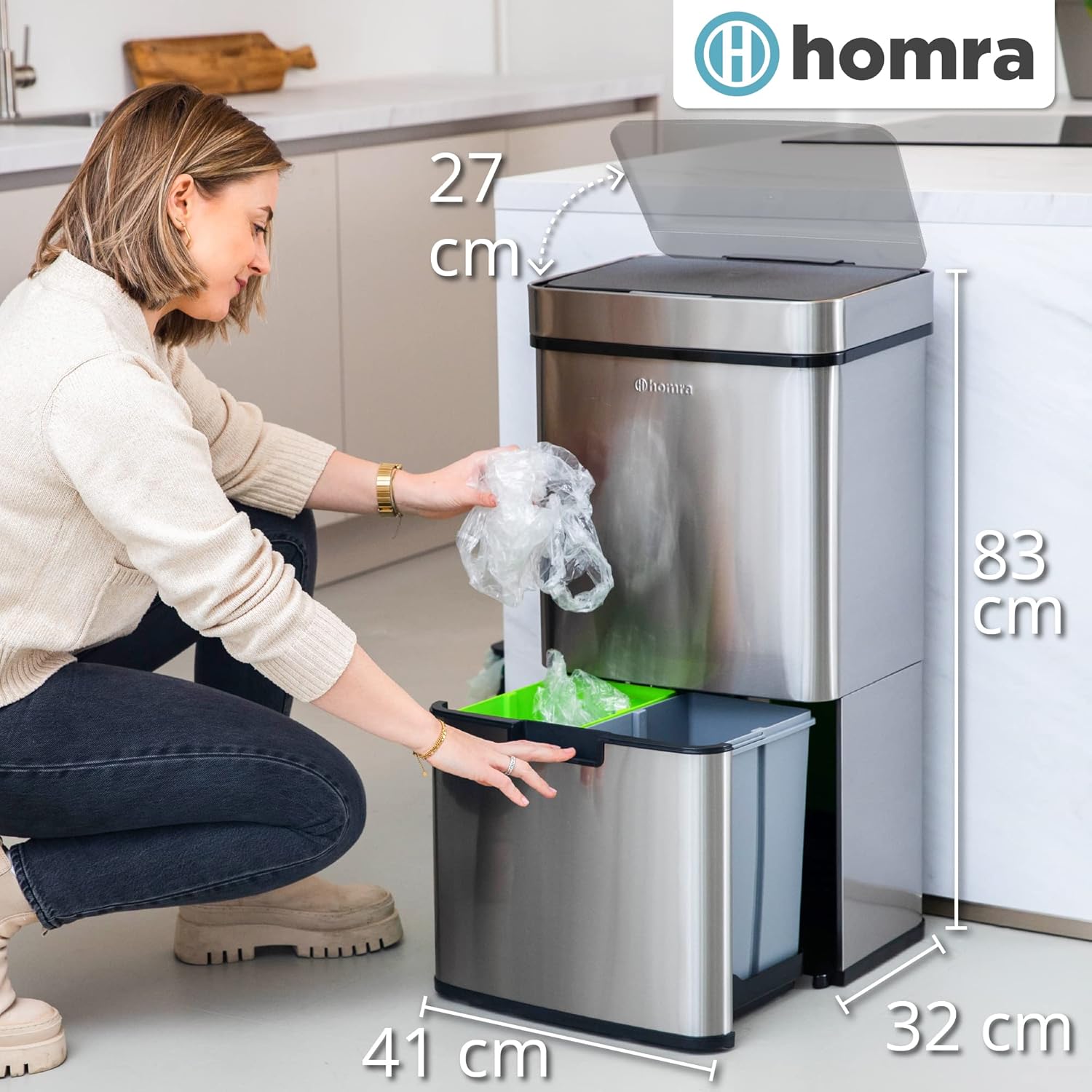 Homra Nexo waste bin with dimensions indicated: 41 cm width, 32 cm depth, 83 cm height, and 27 cm lid opening height.