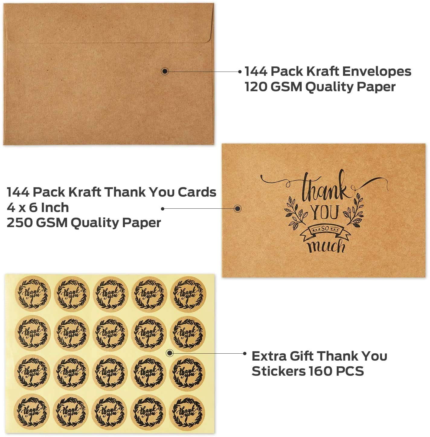 Thank You Cards 144 Pack, Ohuhu 10X15cm Brown Kraft Greeting Cards with