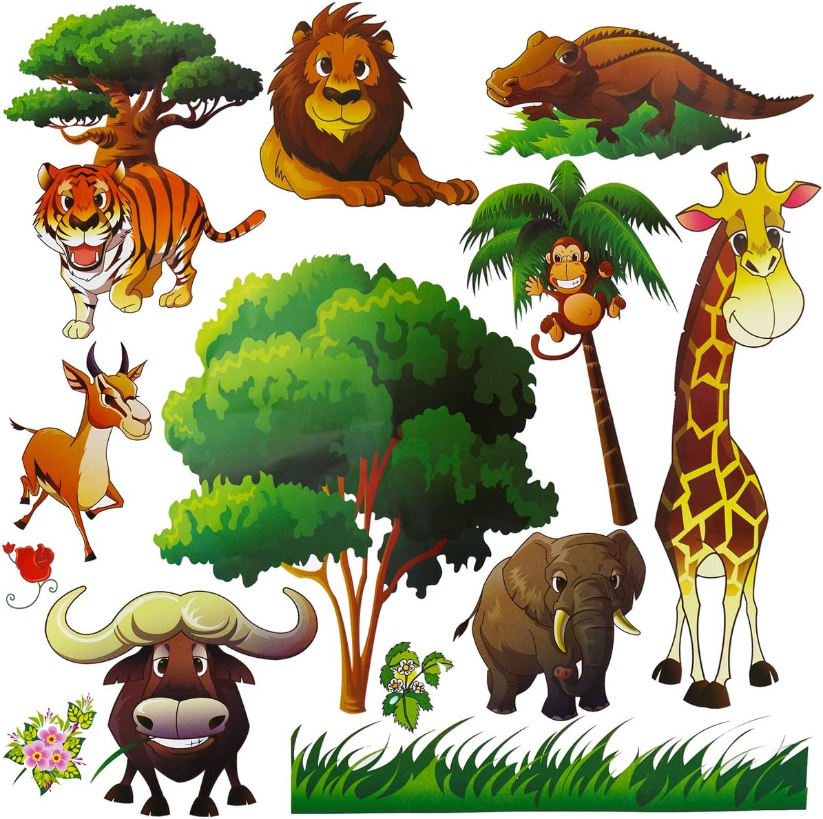 Kids Wild Safari Theme Peel & Stick Animal Wall Decals 24" - Lion Giraffe Tiger Monkey Tree Jungle Wall Sticker for Nursery, Playroom, Baby Room Mural by Dekosh