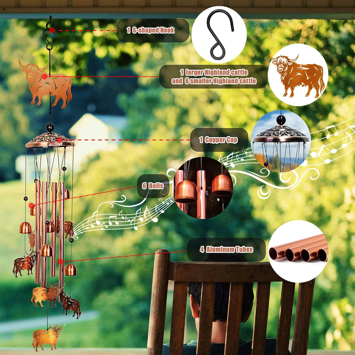 Highland Cow Wind Chimes for Outside Windchimes Outdoor/Indoor, Home, Lawn, Porch, Yard Decorations,Metal Garden Decor Highland Cow Wind Chimes Gifts for Women/Men Birthday Gifts Memorial Gift