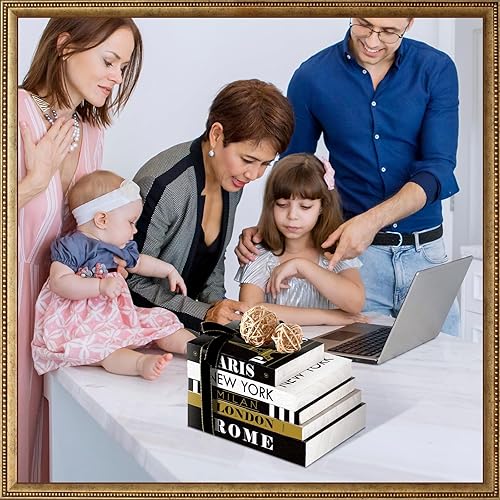 Miniatura 6 de Geetery 5 piezas de libros de madera para decoración del hogar con 2 bolas de ratán, libro de ciudad moderno y falso para sala de estar, granja,