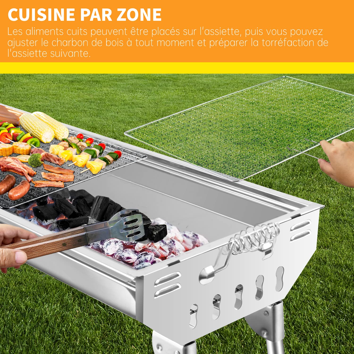 Barbecue à Charbon Pliable – Double Grille | 2‑en‑1 Extérieur, Pliable, Camping portable 74x33,5x71,5cm， avec 2 étagères