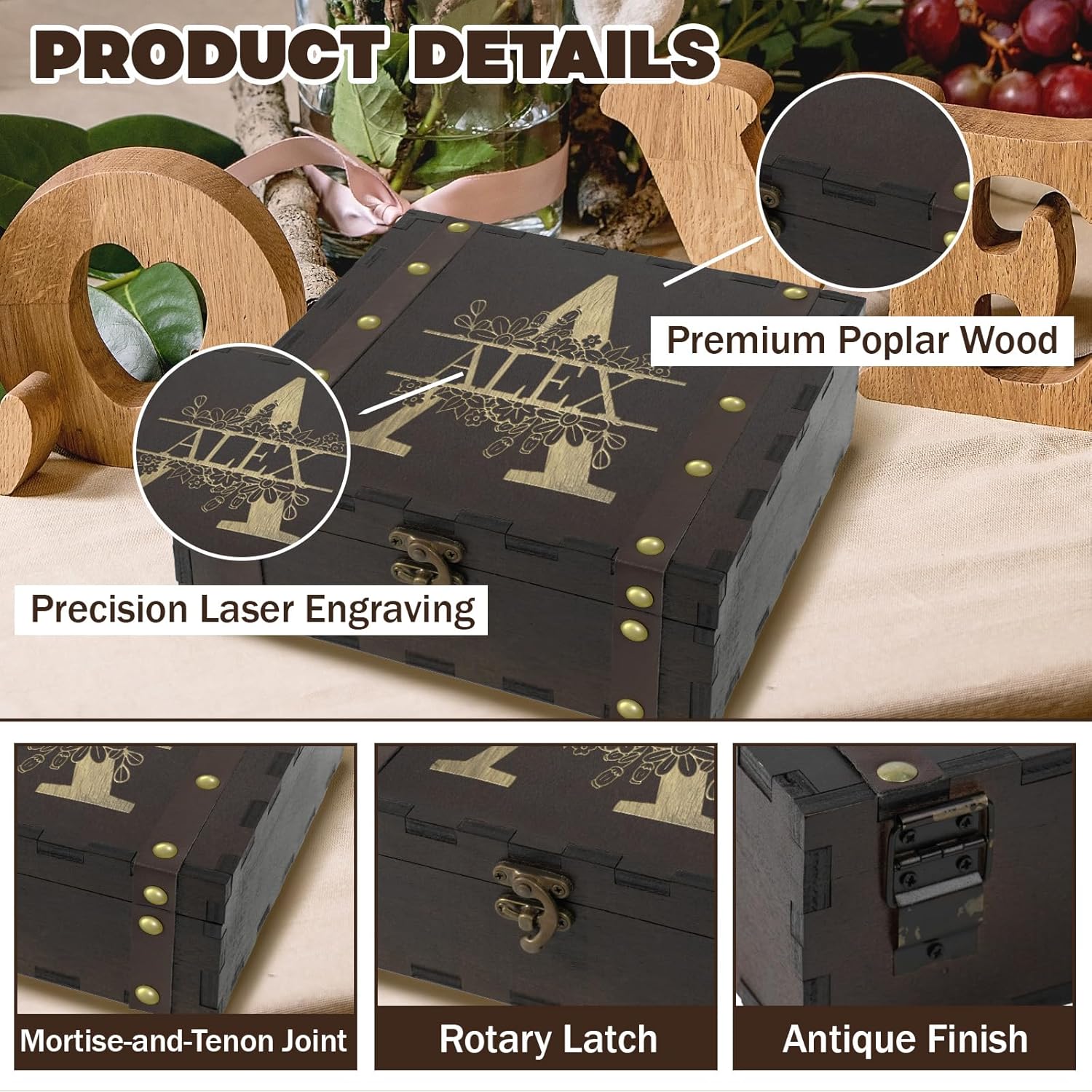 Personalized Wooden Keepsake Box, Custom Wood Memory Box, Custom Name Decorative Storage Box for Photo Jewelry, Personalized Memento Box for Graduation Retirement Birthday Gifts - Image 2