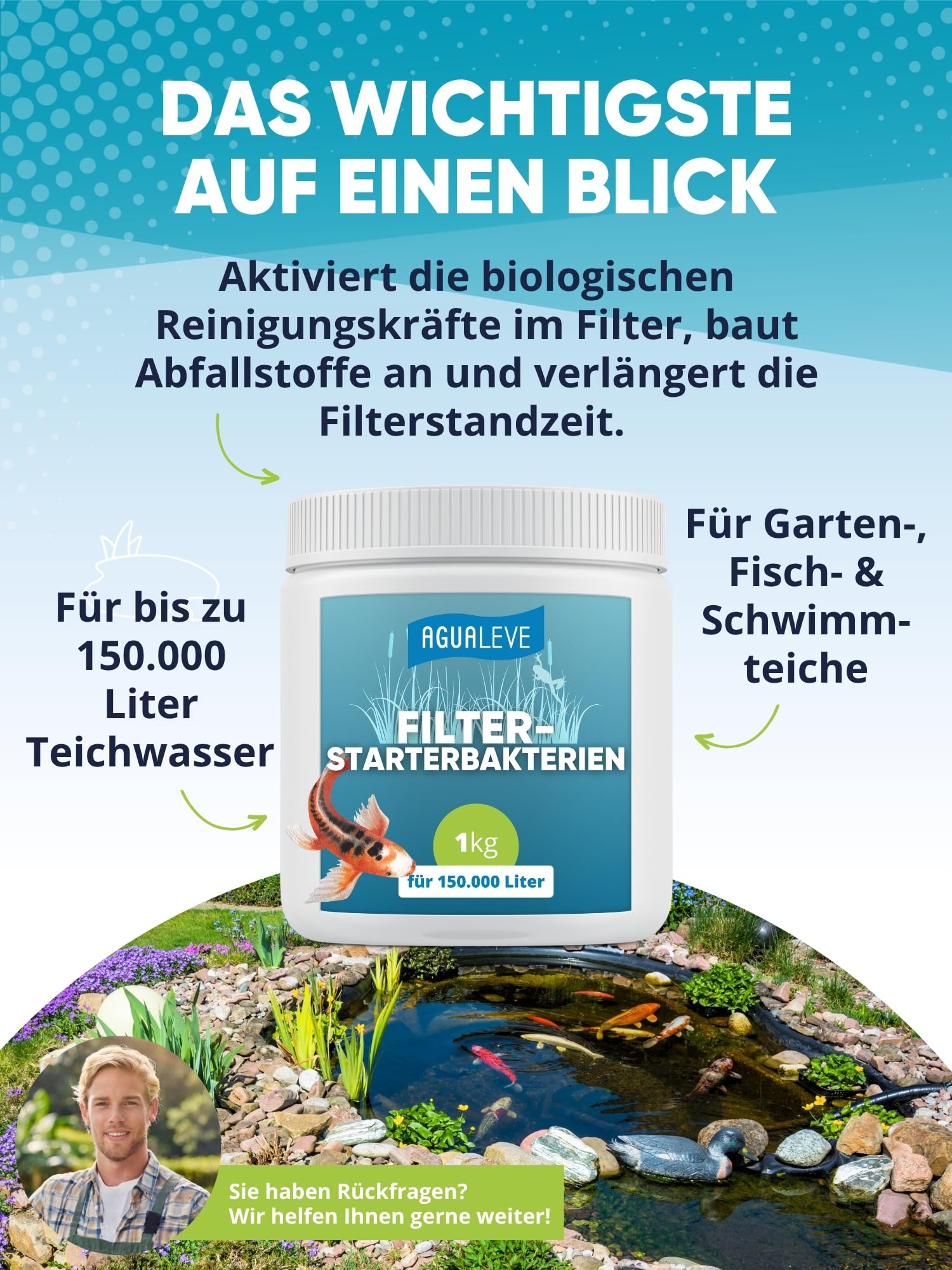 AGUALEVE® Filterstarterbakterien 1kg *NEU* | aktiviert den Teichfilter Dank innovativer BIO3-Hochleistungs-Mikroogransimen | Fisch-, Garten- & Schwimmteiche | Made in Germany | 150.000l Teichwasser