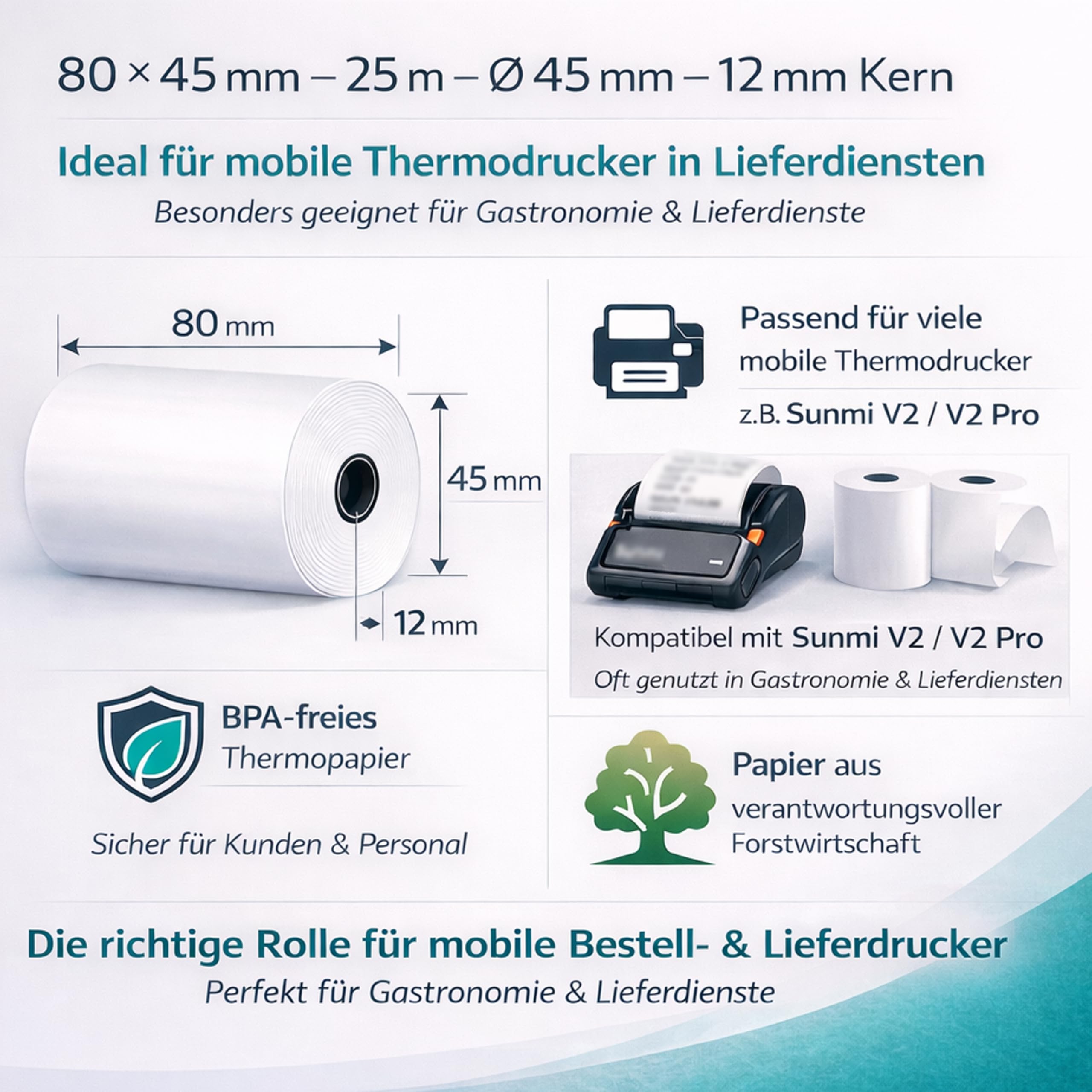 100 Thermorollen 80 mm x 25 m lang – Ø 45 mm – BPA-frei – Kassenrollen für Lieferdienste und POS-Drucker, kompatibel mit Sunmi V2s und Enfore Dasher (100)