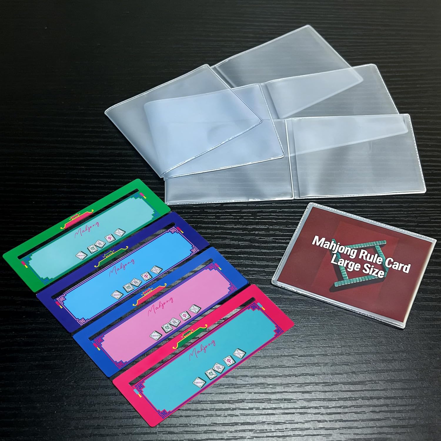 4Pcs Mahjong Card Sleeves and 4Pcs Line Finders Set - Fit Large Print Size (6 1/8”x4 3/4”) with Durable Matte Anti-Glare Plastic Card Holders & Mahjong Card Guide Strategy Tool for Beginners