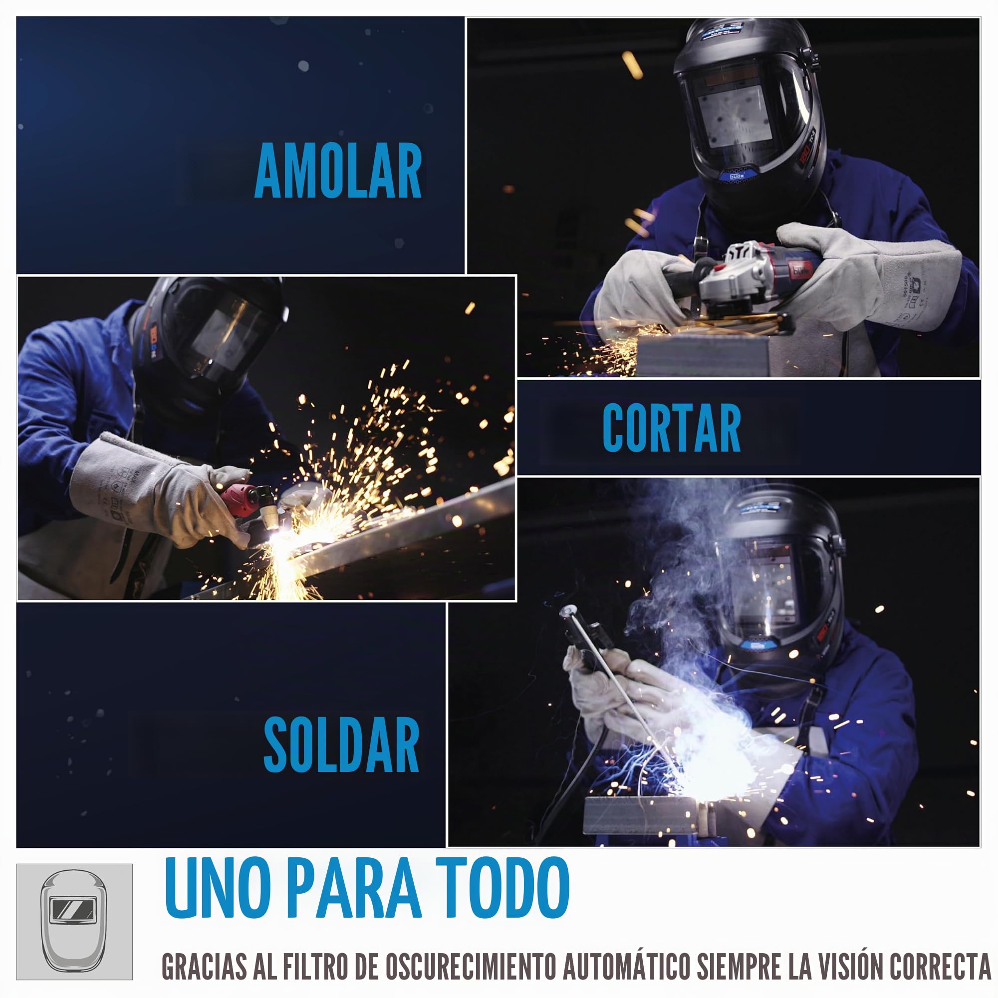 Güde GSH-3S-VL-TC-2 - Casco de soldadura automático (para trabajos de corte/lijado/soldadura, batería solar y de iones de litio, filtro de color verdadero, filtro de oscurecimiento automático (95 x 55