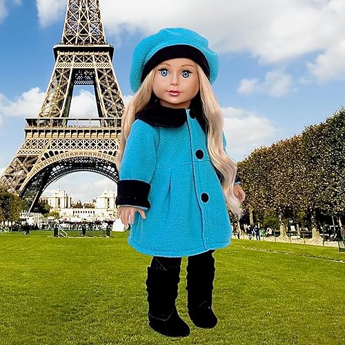Miniatura 4 de Parisian Stroll - Traje de 4 piezas - Abrigo de forro polar azul con boina a juego, leggings negros y botas - Ropa para muñecas de 18 pulgadas (toll