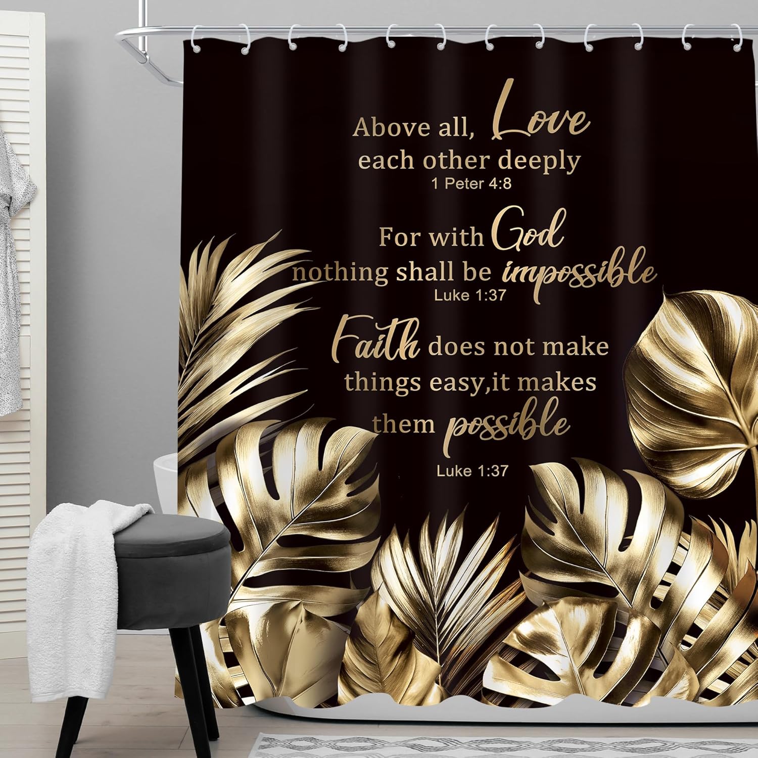 Cinbloo Black and Gold Shower Curtain 72Wx72H Modern Christian Bathroom Decor Tropical Bible Verse Monstera Quotes Palm Leaves Neutral Bath Curtain Fabric with 12 Hooks