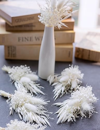 Miniatura 2 de Mini ramo de flores secas (paquete de 6), ramilletes de novio y padrino, pampas, ramos pequeños (blanco puro)