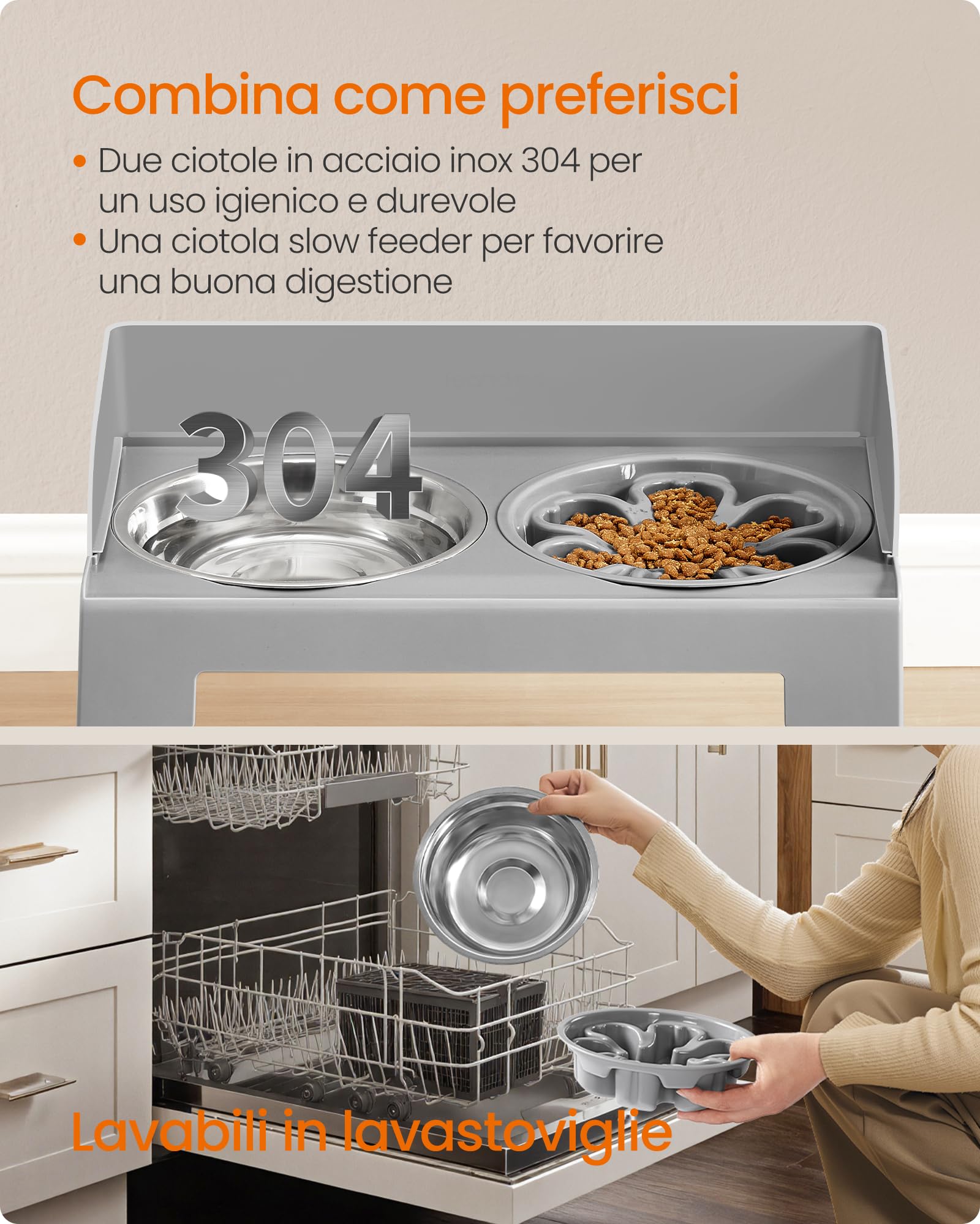 Feandrea Ciotole Rialzate per Cani, Supporto Regolabile con 1 Ciotola Slow Feeder e 2 Ciotole in Acciaio Inox 304, Altezza e Inclinazione Regolabili, Grigio Tortora PRB103GD01