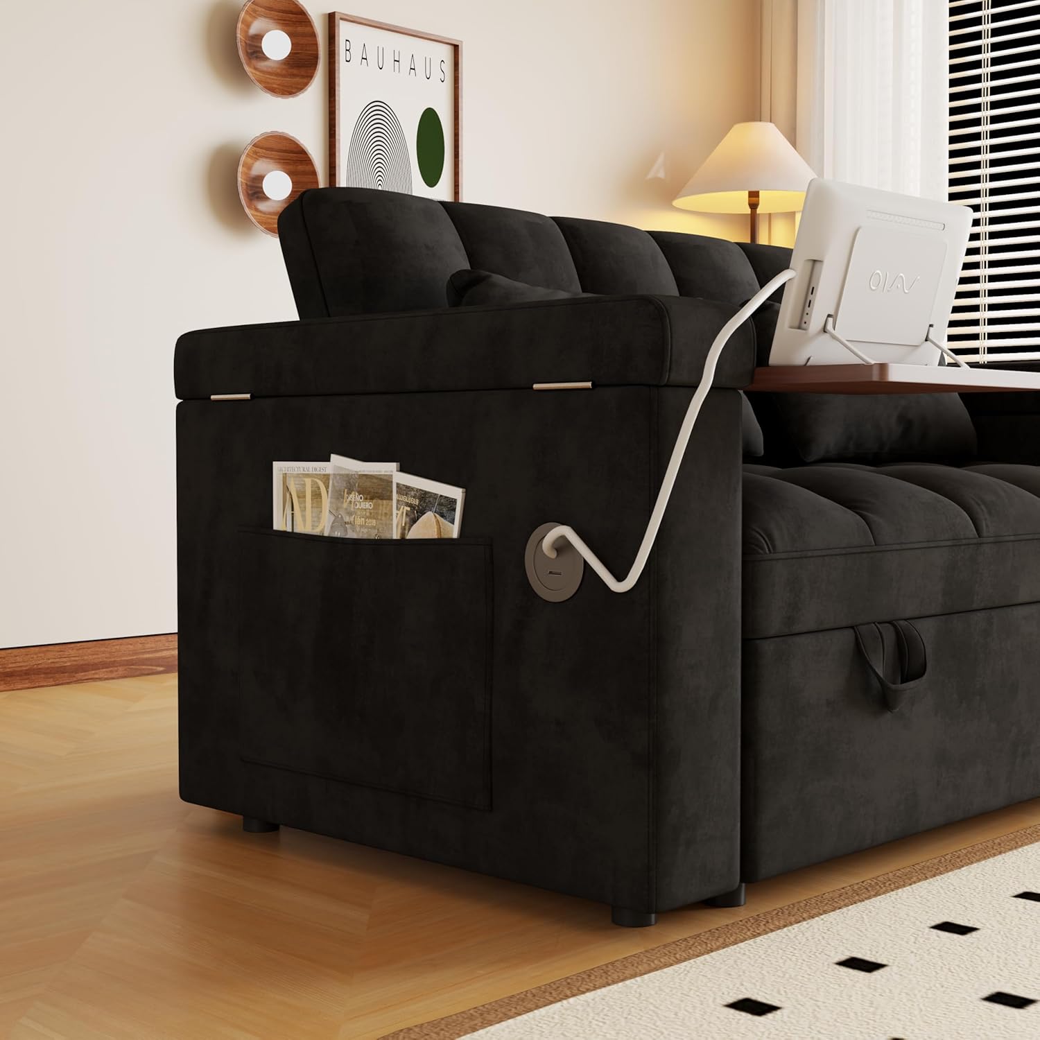 KEIKI 65" Compact 3-in-1 Sofa Bed, Pull-Out Loveseat Sleeper with Built-in USB Ports, Side Table & Storage Arms, Velvet Couch for Studios, Home Office & Guests