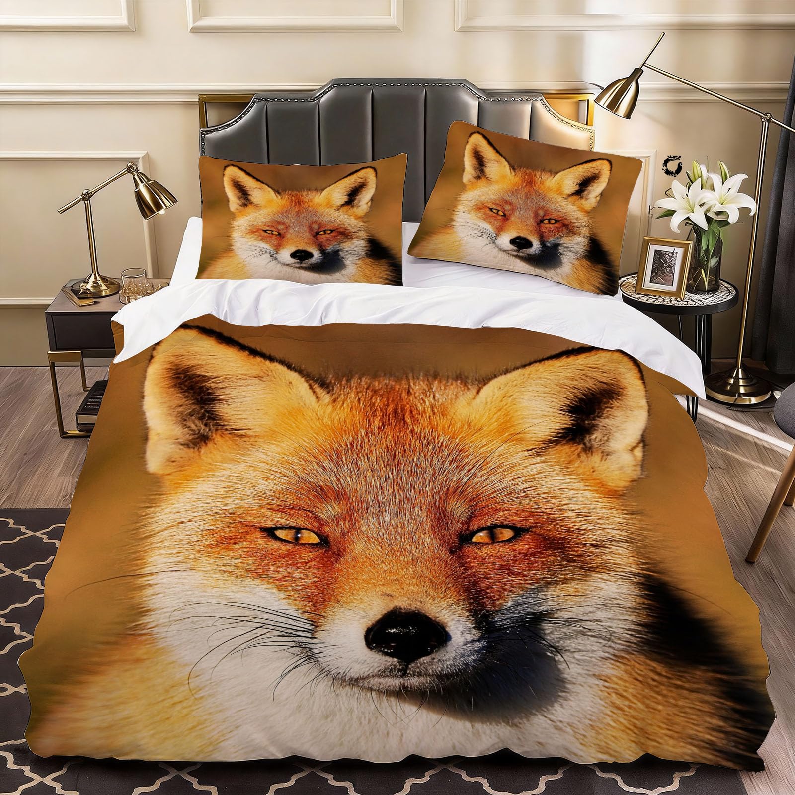 3D 3D Printed Fox Duvet Cover Childrens and Adults Bedding Double Bed Set, Soft Microfiber Comforter Cover Printed with Zipper Closure Quilt Coverr 200x200 cm and 2 Pillowcases