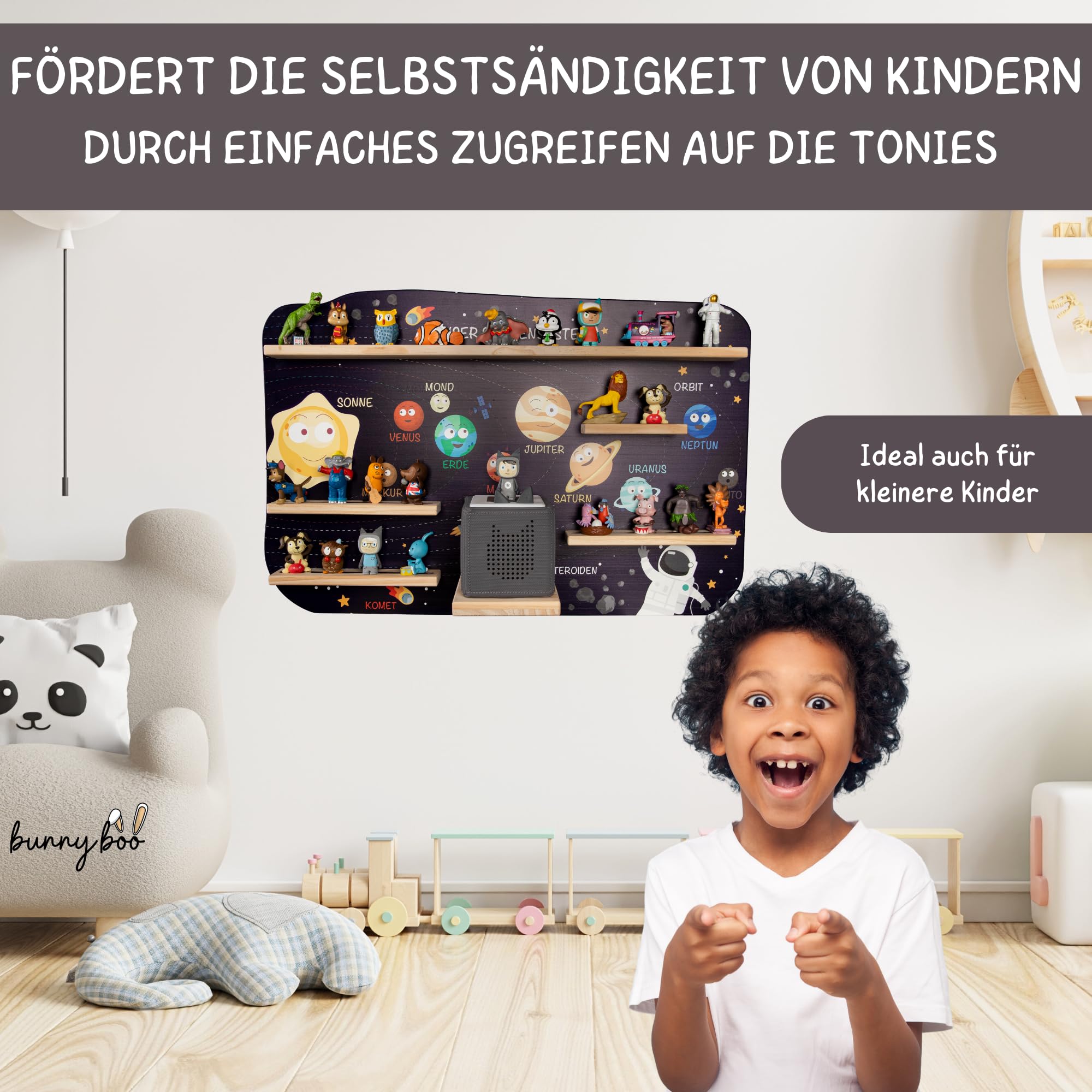 bunnyboo Toniebox Regal - für bis zu 45 Tonies - Testsieger 2024 - Magnetisches Regal für Toniebox und Figuren - geprüfte Qualität - Für Jungen und Mädchen (Astronaut)