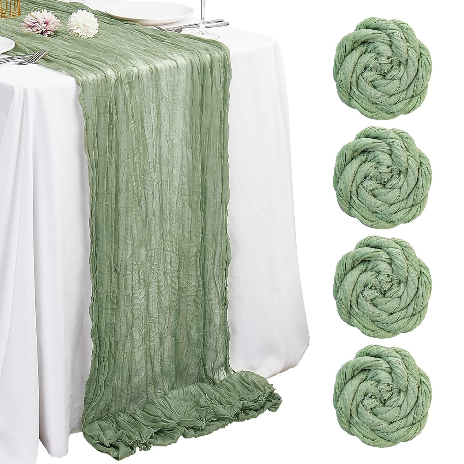4 Pack Sage Green Cheesecloth Table Runner, 10FT Gauze Tablecloth Semi-Sheer Gauze Tablecloth Rustic Wedding Table Decor for Kitchen Wedding Decor Arch Draping Bridal Shower Holiday Party